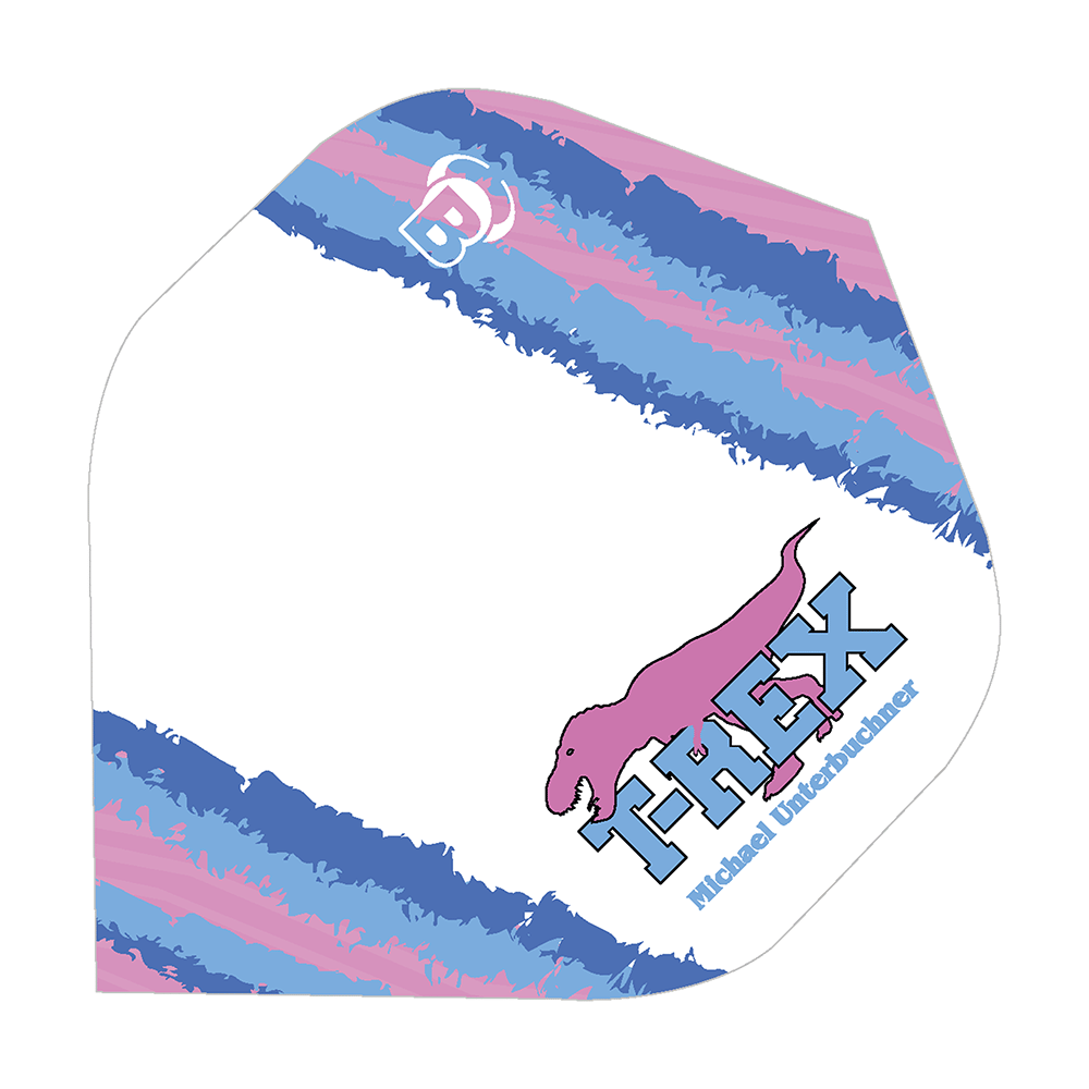 Bulls Metrixx Michael Unterbuchner No2 Standard Flights Das Bild zeigt ein Dart-Flight mit bunten Streifen in Blau, Rosa und Weiß. Unten rechts befindet sich ein lila Dinosaurier mit der Aufschrift "TREX Michael Unterbuchner".