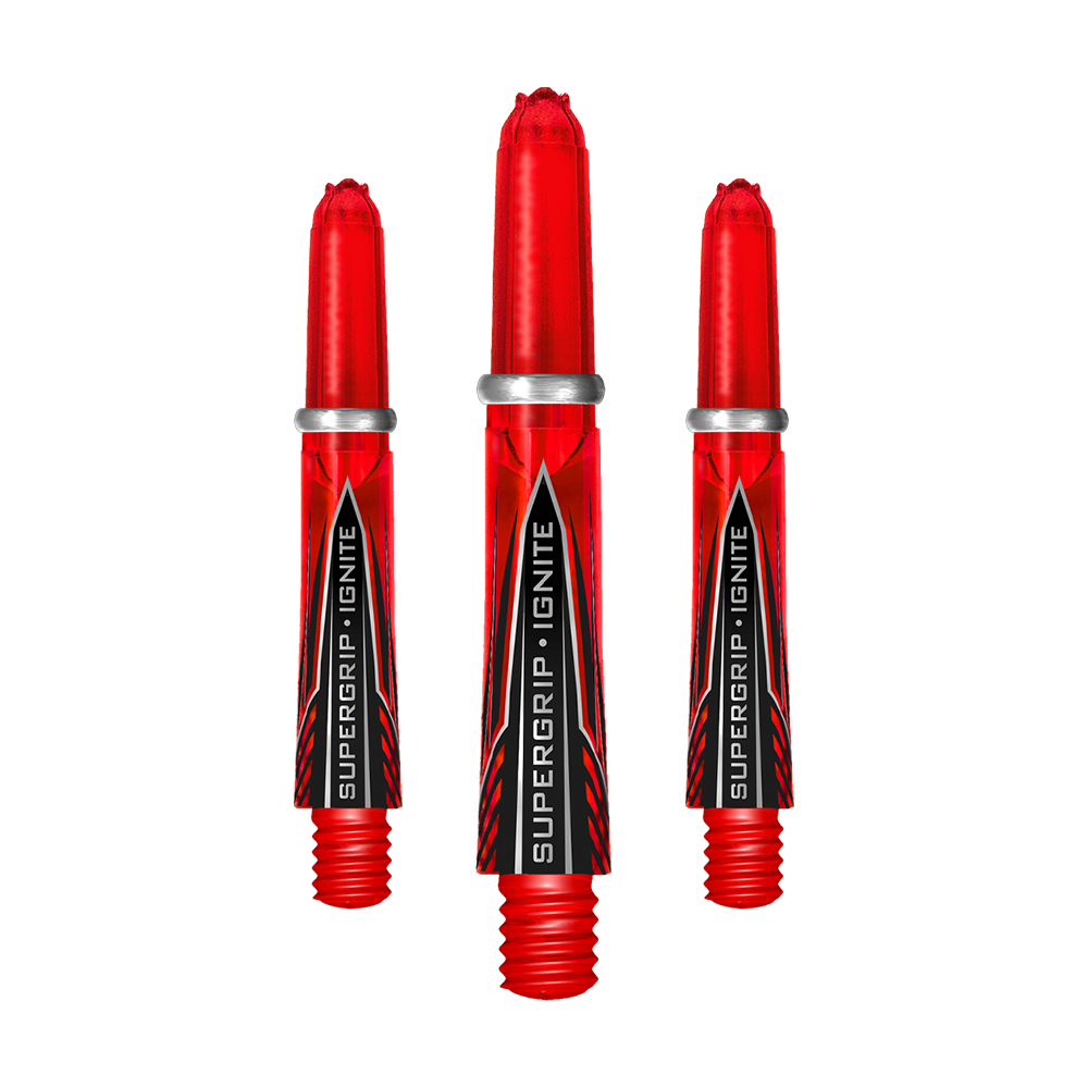 Das Bild zeigt drei rote Harrows Supergrip Ignite Shafts für Darts. Die Shafts haben einen auffälligen Schriftzug und silberne Ringe am oberen Ende.