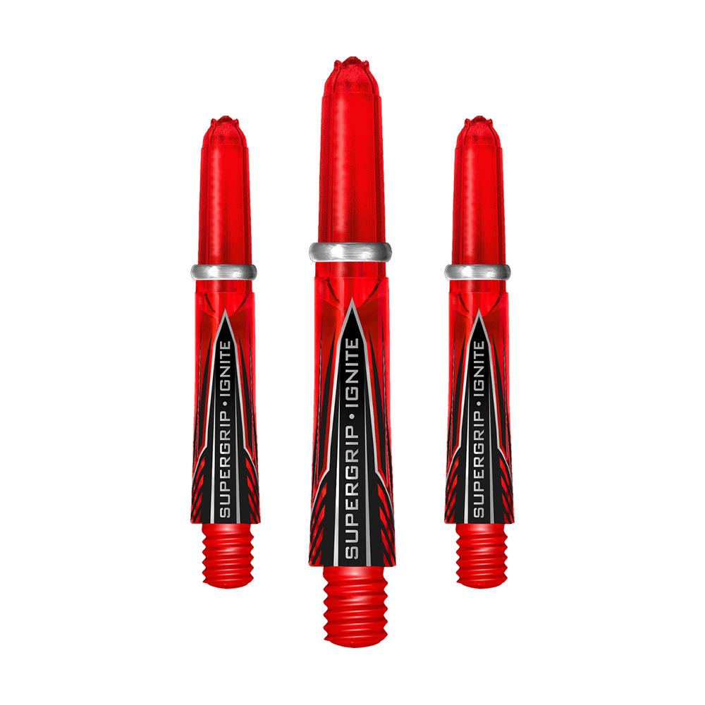 HR383_Harrows_Supergrip_Ignite_Shafts_Rot_33mm_15qbtxBNP24BQP Das Bild zeigt drei rote Harrows Supergrip Ignite Shafts für Darts. Die Shafts haben einen auffälligen Schriftzug und silberne Ringe am oberen Ende.