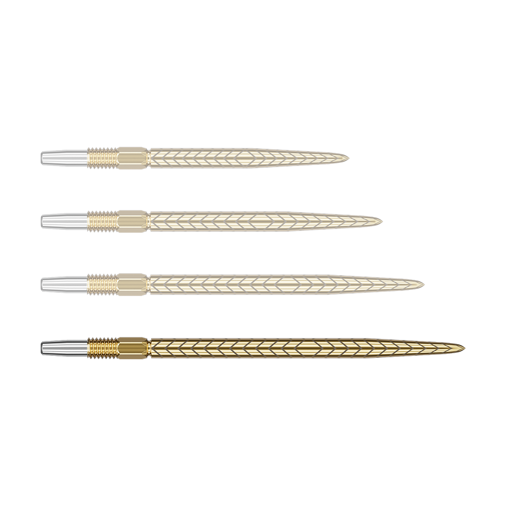 Das Bild zeigt vier goldene Dartspitzen mit einem detaillierten Muster. Die Spitzen sind nebeneinander in einer Reihe angeordnet.