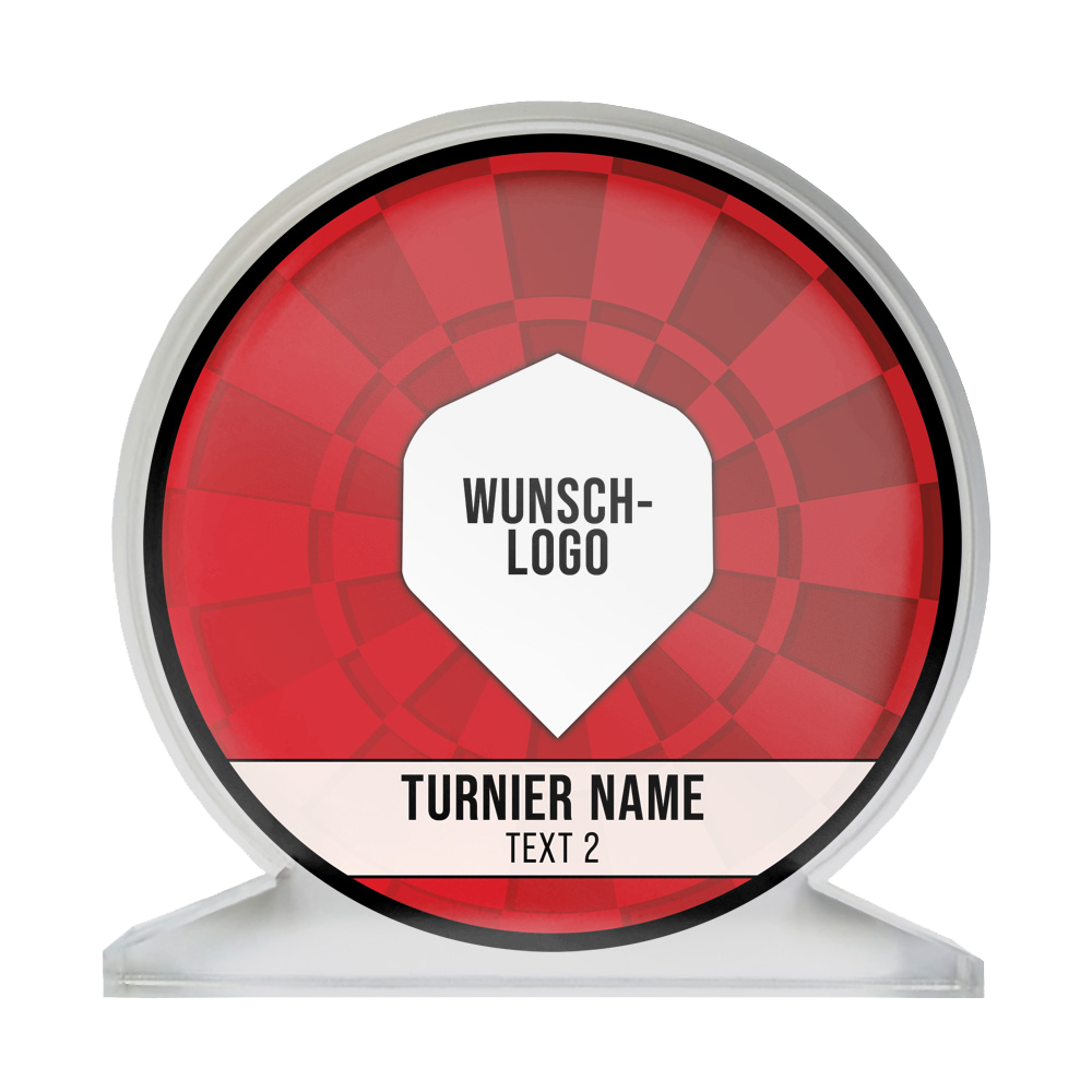ACP-Rot_Acrylglas_Pokal_mit_Wunschdruck_Logo_Rot_1 Auf dem Bild ist ein runder Acrylglas-Pokal mit rotem Hintergrund zu sehen. In der Mitte steht "WUNSCH-LOGO" und darunter "TURNIER NAME" sowie "TEXT 2".