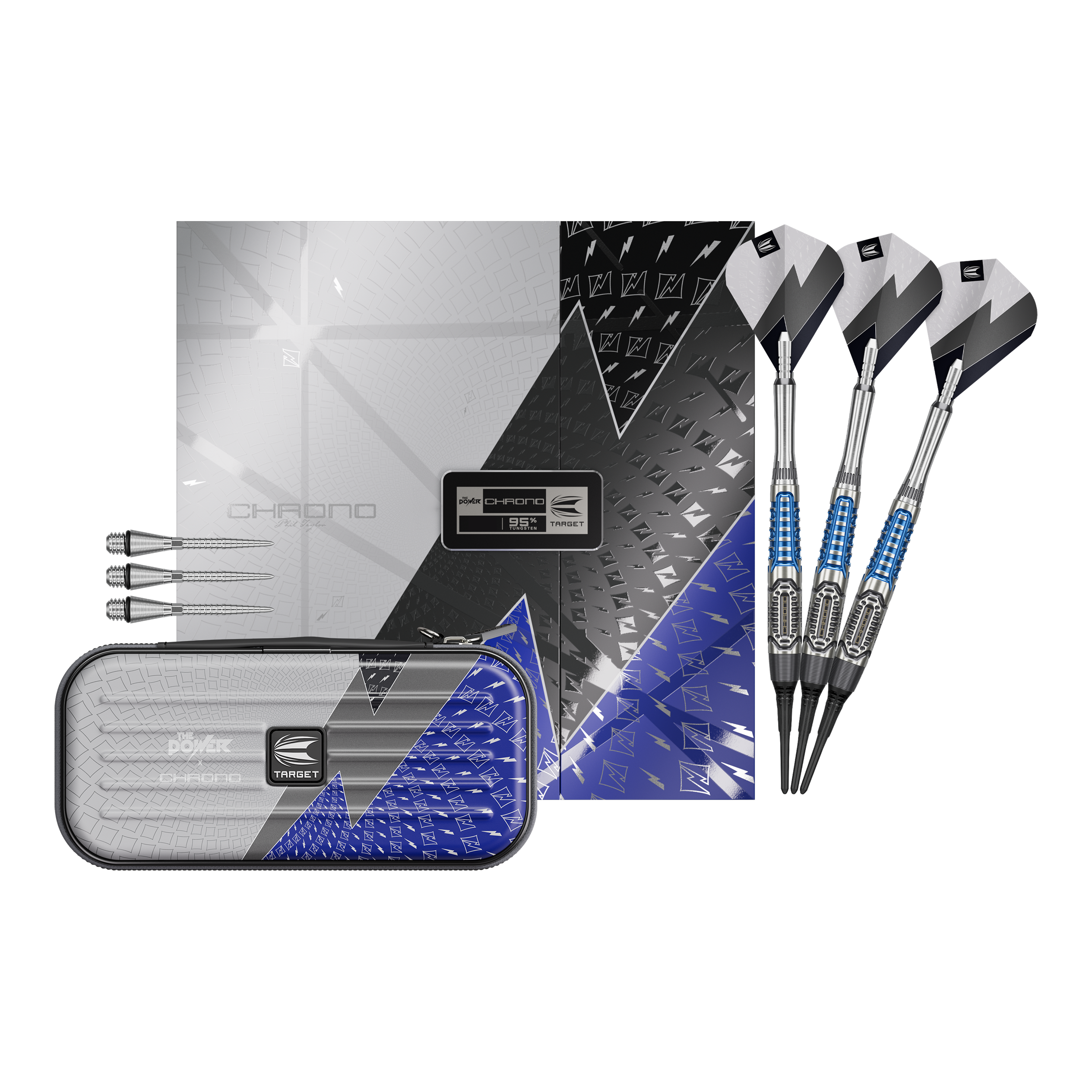 Target Phil Taylor Power X Chrono Softdarts Hier sieht man die Target Phil Taylor Power X Chrono Softdarts. Die Softdarts sind vollständig dargestellt und zeigen das gesamte Set.