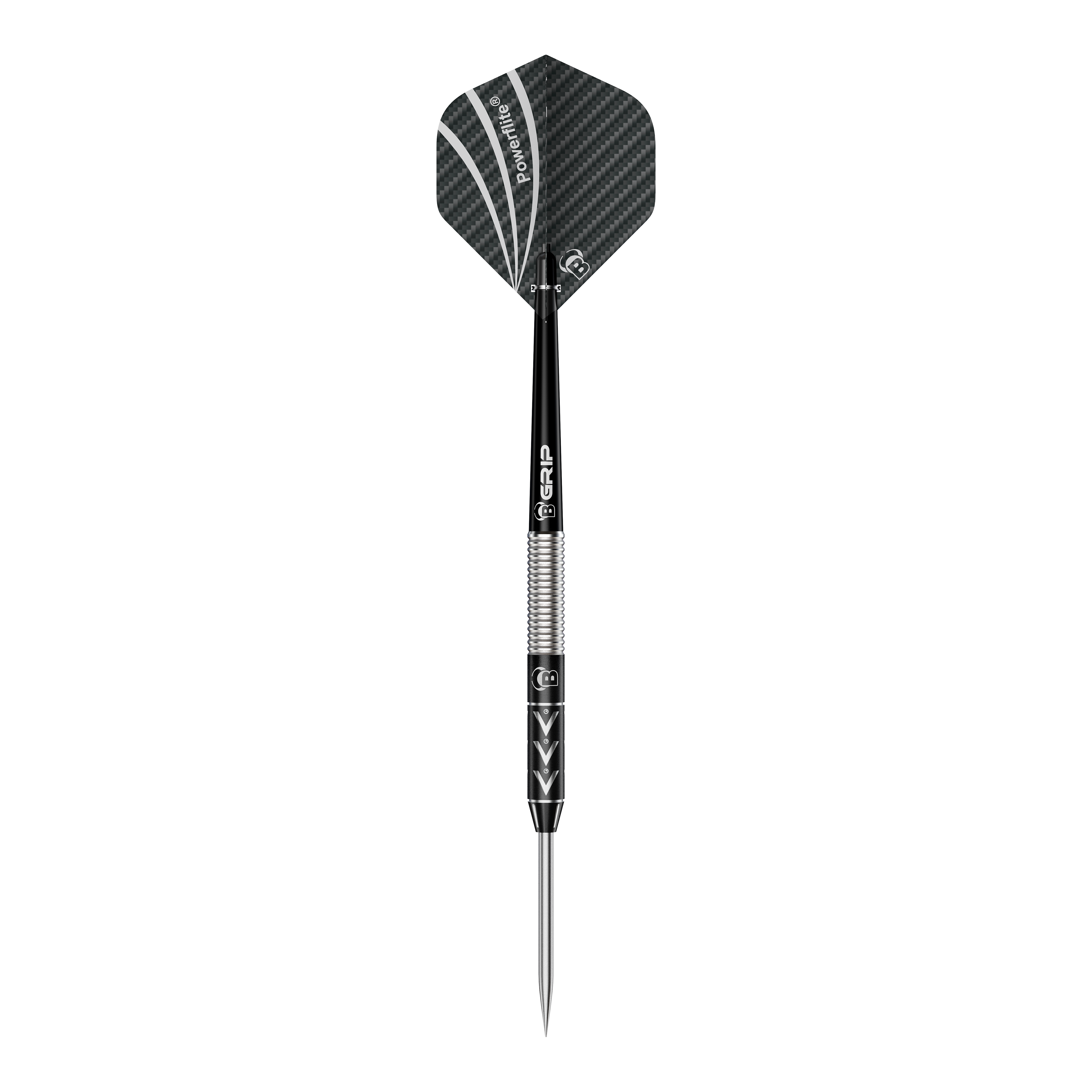 Bulls Challenger Arno Merk Steeldarts - 22g Das Bild zeigt einen Steeldart namens "Bulls Challenger Arno Merk Steeldarts - 22g". Der Dartpfeil ist schwarz-silber und hat ein modernes Design mit strukturiertem Schaft und schwarzer Flight.