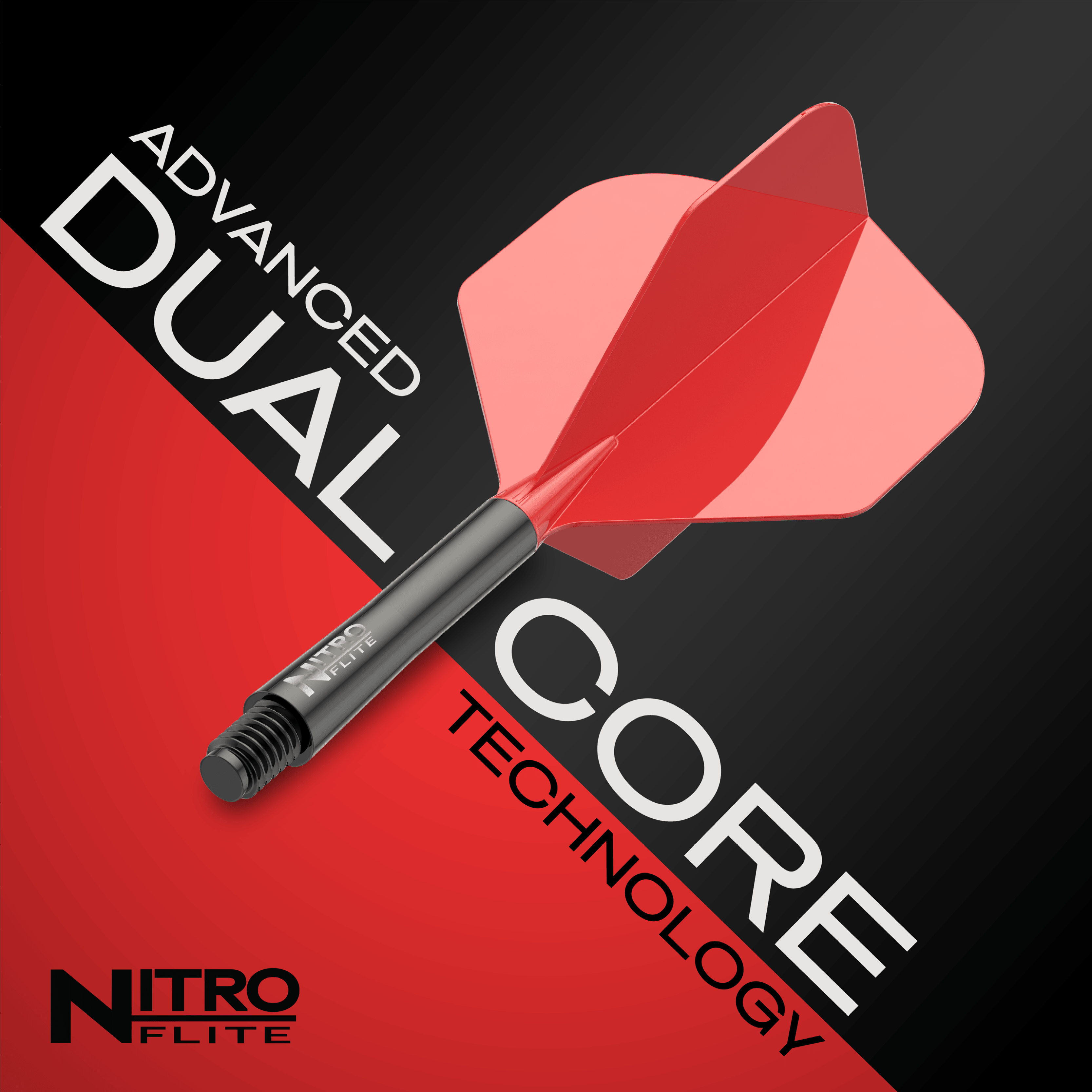 Red Dragon Nitroflite - Black Shaft Red No2 Flights Das Bild zeigt die Red Dragon Nitroflite - Black Shaft Red No2 Flights. Die Dart-Flights sind schwarz und rot gestaltet.
