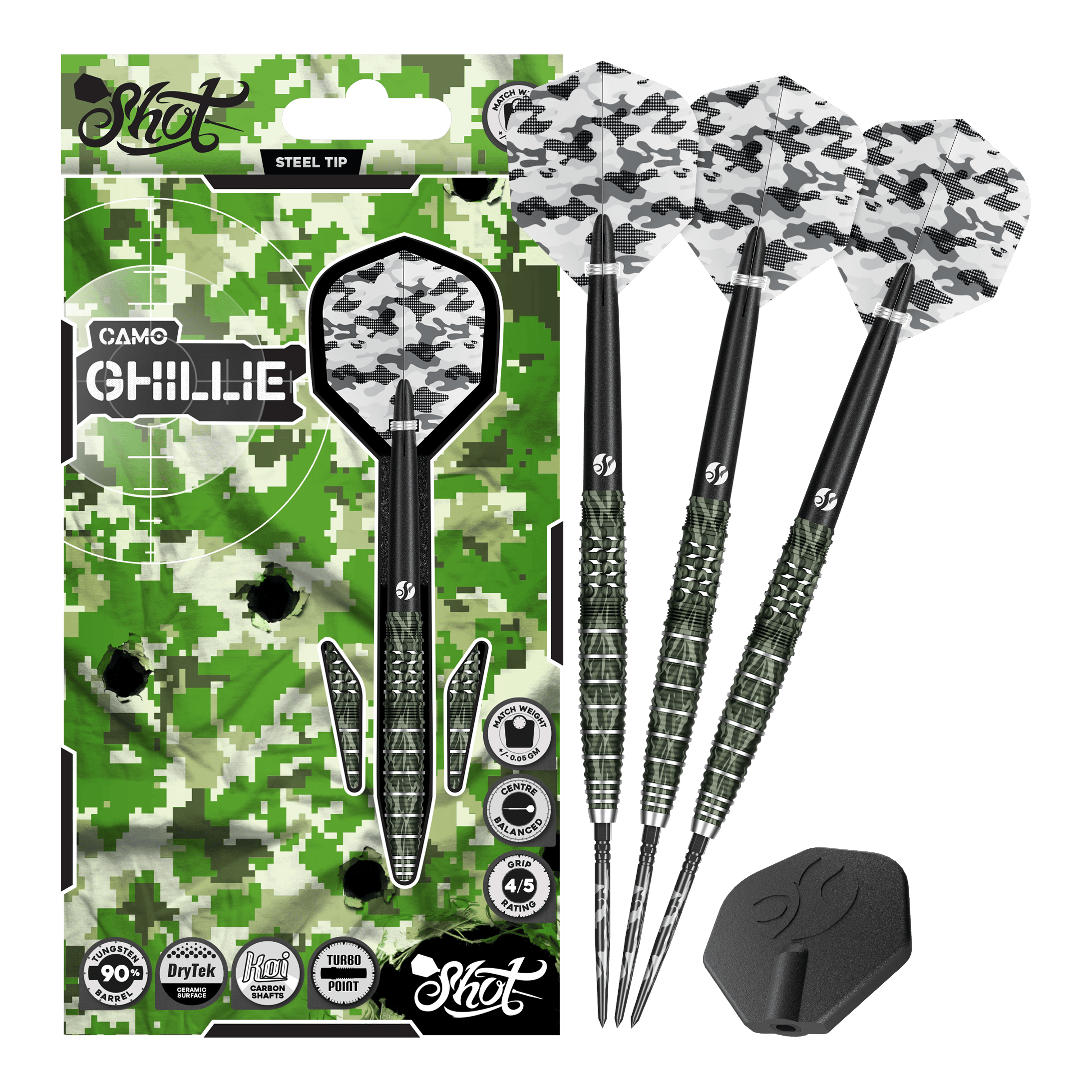 Shot Camo Ghillie Turbo Point Steeldarts - 23g Shot Camo Ghillie Turbo Point Steeldarts mit 23 Gramm werden präsentiert. Die Steeldarts haben ein auffälliges Tarndesign.