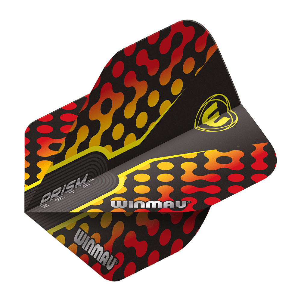 Das Bild zeigt die Winmau Prism Zeta RedOrange Standard Flights für Dartpfeile. Das Design ist schwarz mit roten und orange-gelben Mustern und dem Winmau-Logo.