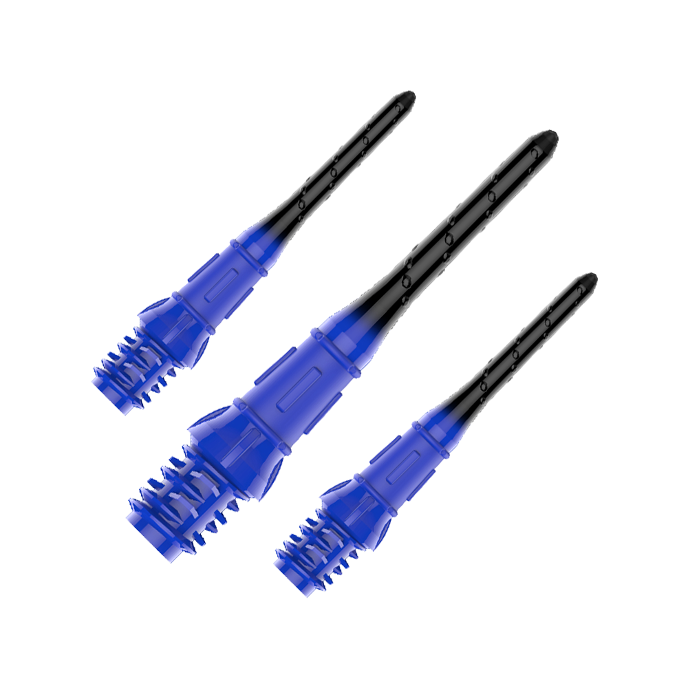 L-Style Premium Lippoint Gradiation Dartspitzen (30er Pack) Das Bild zeigt drei schwarze und blaue Dartspitzen aus Kunststoff. Sie sind nebeneinander auf einem transparenten Hintergrund angeordnet.