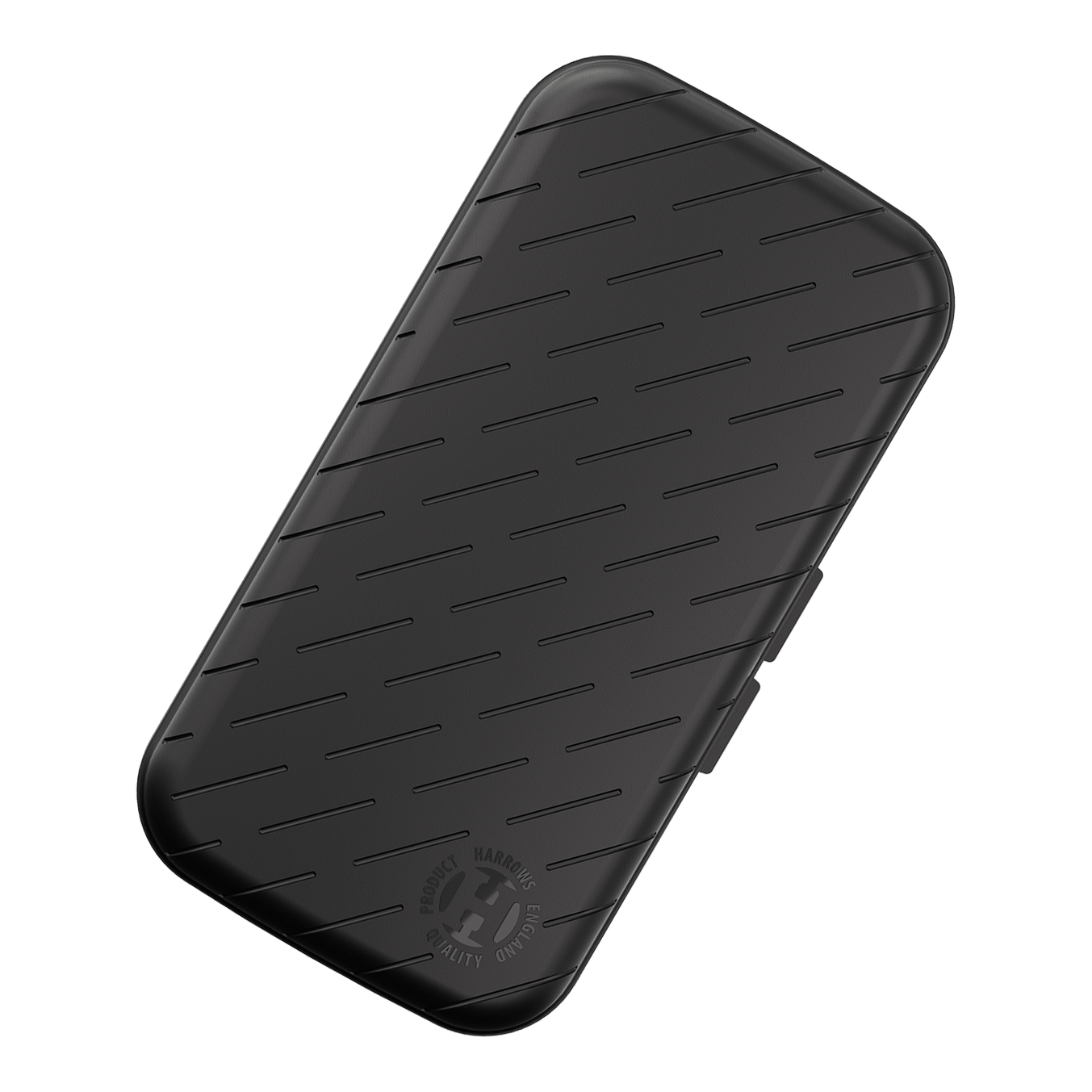 Harrows Slimcase Darttasche Dies ist ein schlankes, schwarzes Etui mit schrägen Linien auf der Oberfläche. In der Ecke befindet sich ein rundes Harrows-Logo.