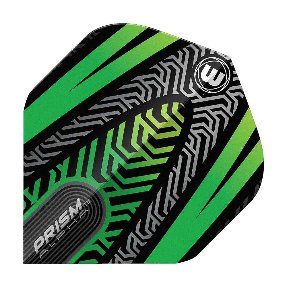 Winmau Prism Alpha Schwarz Grün No2 Standard Flights Das Bild zeigt ein Winmau Prism Alpha Schwarz Grün No2 Standard Flight. Das Design ist schwarz mit grünen und silbernen Mustern sowie dem Winmau-Logo.