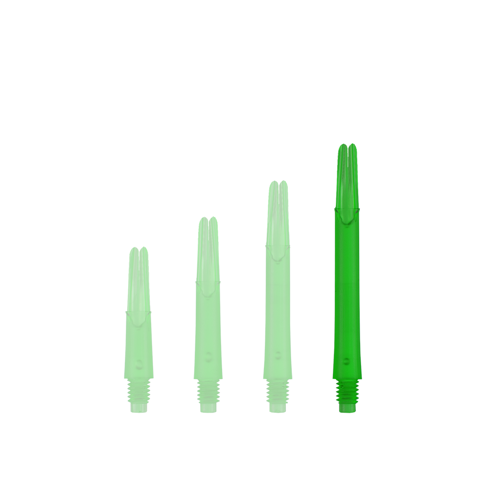 Auf dem Bild sind vier grüne, durchsichtige Dartschäfte in unterschiedlichen Längen zu sehen. Sie stehen nebeneinander aufrecht und haben ein Schraubgewinde am unteren Ende.