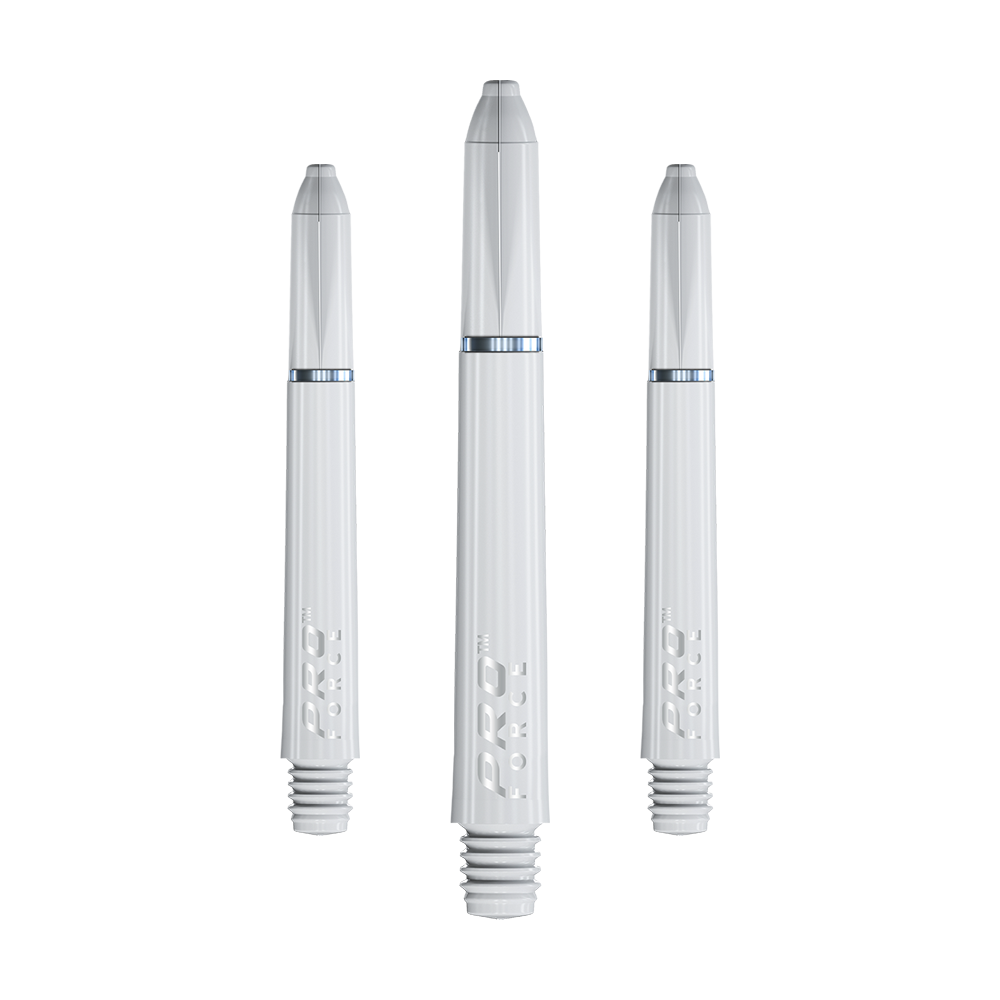 Das Bild zeigt drei weiße Winmau Pro-Force Shafts für Darts. Sie sind schlank, gerade und haben einen schlichten, modernen Look mit silbernen Akzenten.