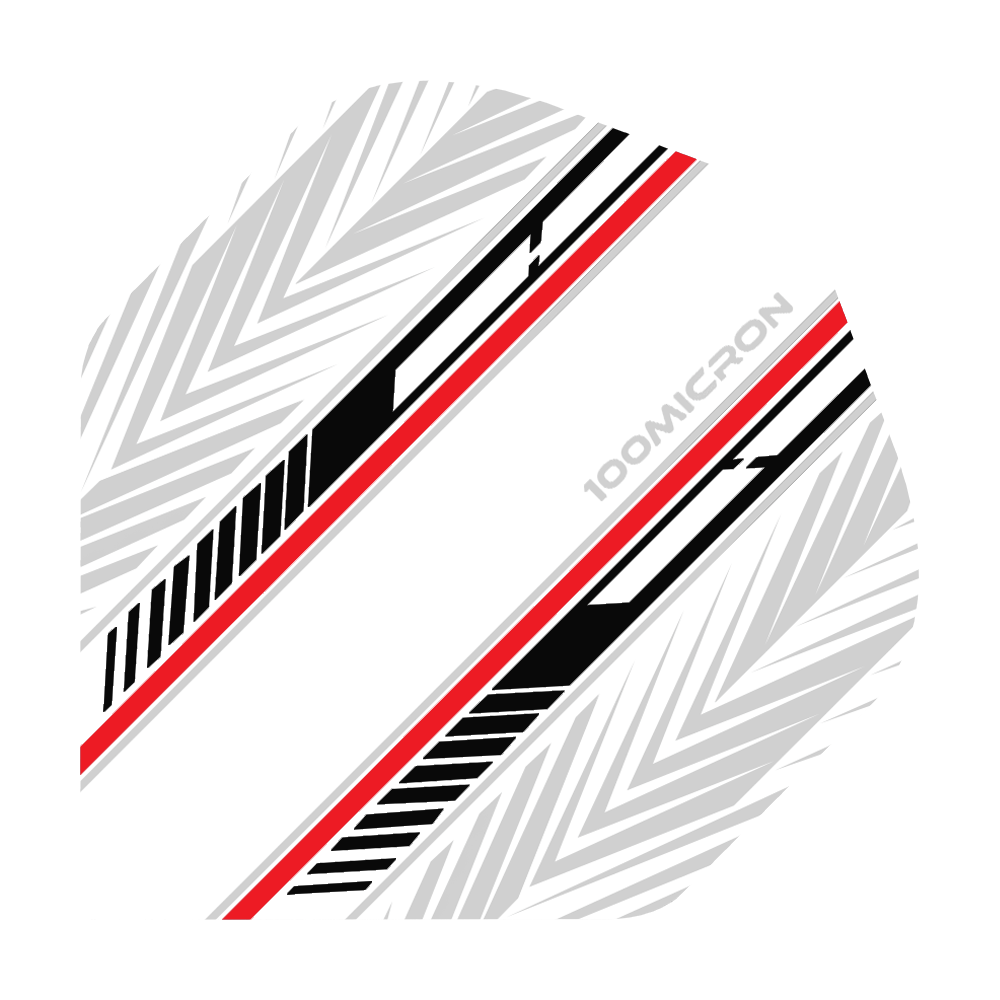 Pentathlon Flights weiß/schwarz/rot Das Bild zeigt einen Pentathlon No2 Standard Flight in den Farben Weiß, Schwarz und Rot. Das Design besteht aus schrägen Linien und einem modernen Muster mit der Aufschrift „100 MICRON“.