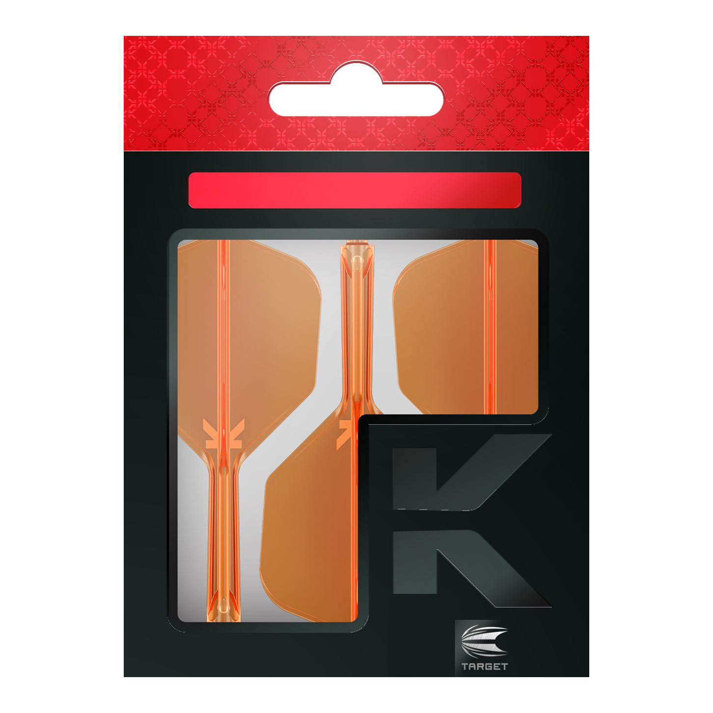 Die Abbildung zeigt eine Verpackung mit drei neonorangenen Dart-Flights des Modells „K-Flex“ der Marke Target. Die Verpackung ist überwiegend schwarz mit einem roten Abschnitt oben und dem silbernen Target-Logo unten rechts.