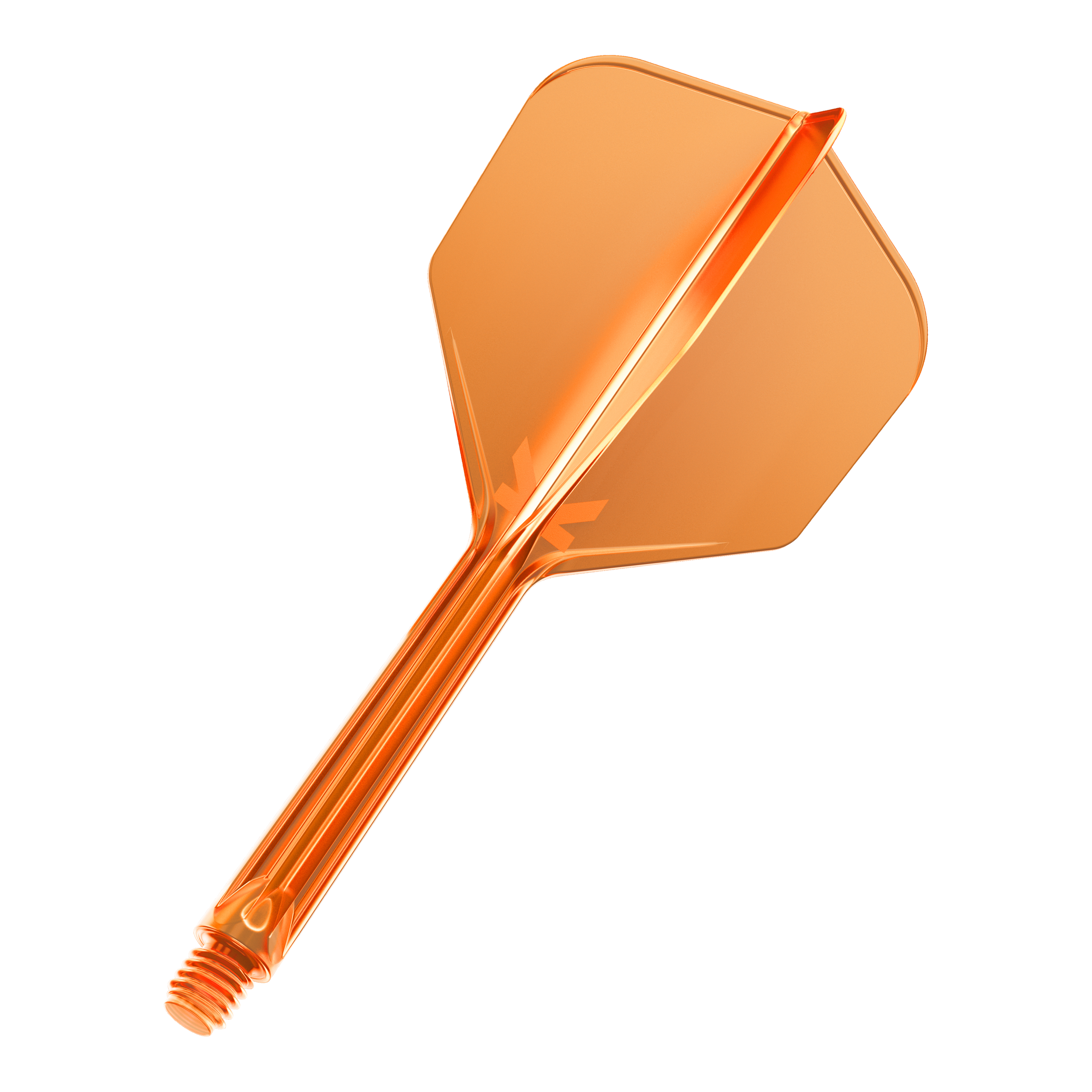 Dies ist ein leuchtend orangefarbener Dartflight mit Schaft. Er besteht aus Kunststoff und hat eine sechseckige Form.