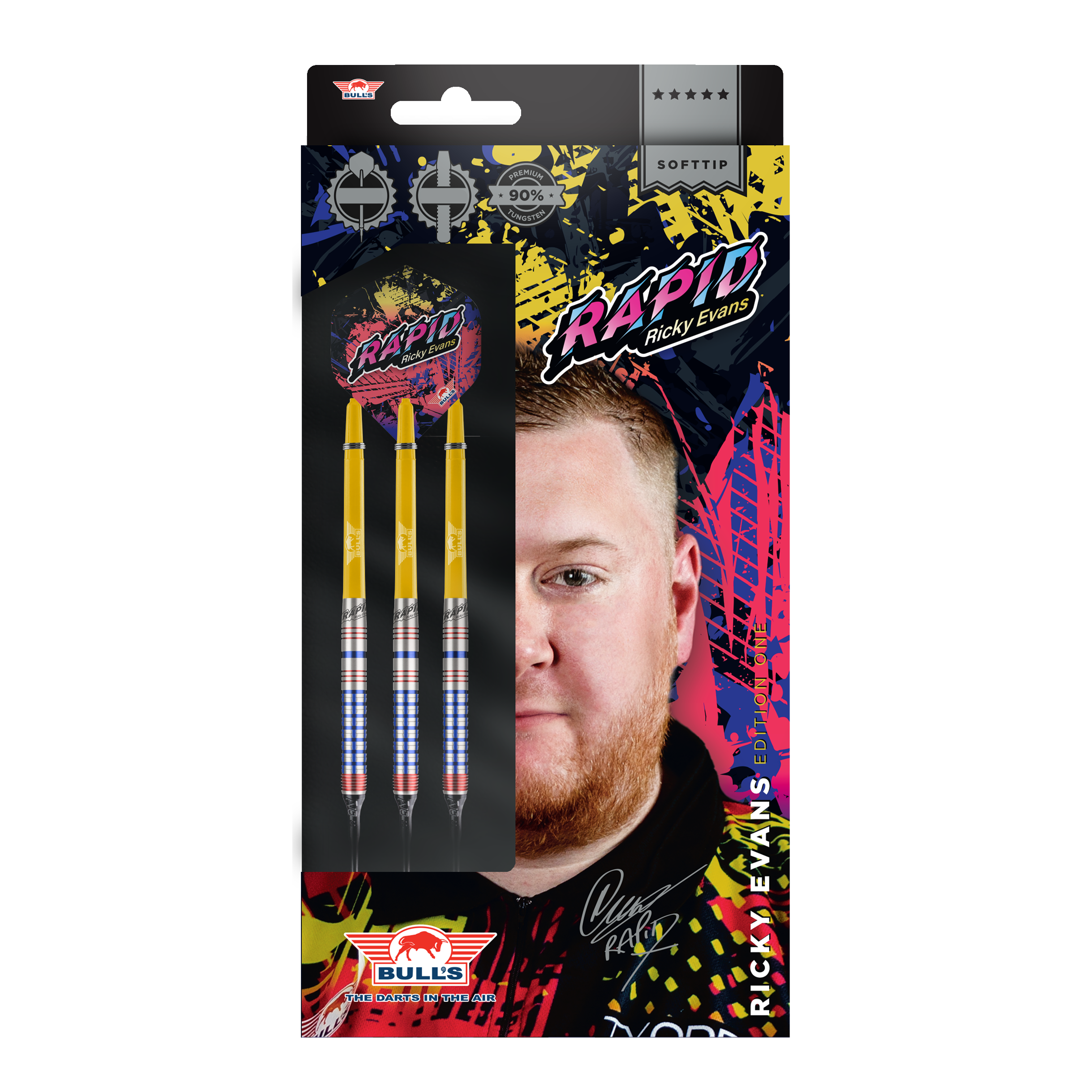 Bulls NL Ricky Evans Rapid Edition One Softdarts - 20g Das Bild zeigt die Verpackung der "Bulls NL Ricky Evans Rapid Edition One Softdarts - 20g". Auf der Verpackung sind drei Softdarts und ein Porträt von Ricky Evans abgebildet.