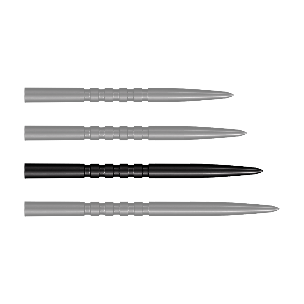 Shot Grip Point Steeldart-Spitzen - Schwarz Das Bild zeigt vier schwarze Stahlspitzen für Steeldarts, die nebeneinander liegen. Jede Spitze ist 38 mm lang und hat gerillte Griffzonen.