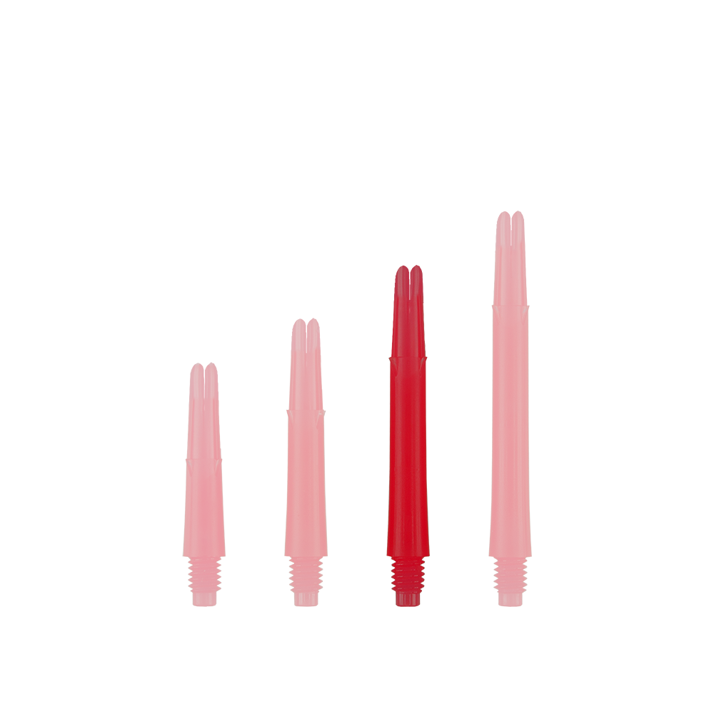 L-Style L-Shafts Locked Straight - Red 260 Auf dem Bild sind vier rote Dartschäfte in unterschiedlichen Längen zu sehen. Sie stehen nebeneinander aufrecht auf weißem Hintergrund.