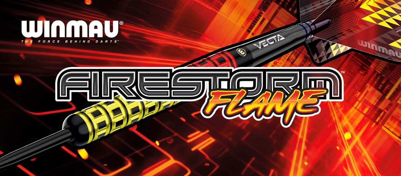 Das Bild zeigt einen modernen Dartpfeil mit gelben und roten Akzenten vor einem feurigen Hintergrund. Im Vordergrund steht der Schriftzug „FIRESTORM FLAME“ und oben links ist das Winmau-Logo zu sehen.