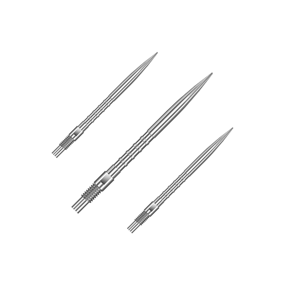 Ein Set von Harrows Quick Point Heavy Metal Grip Dartspitzen in Silber und 30mm Länge ist zu sehen. Die Dartspitzen sind ordentlich nebeneinander angeordnet.