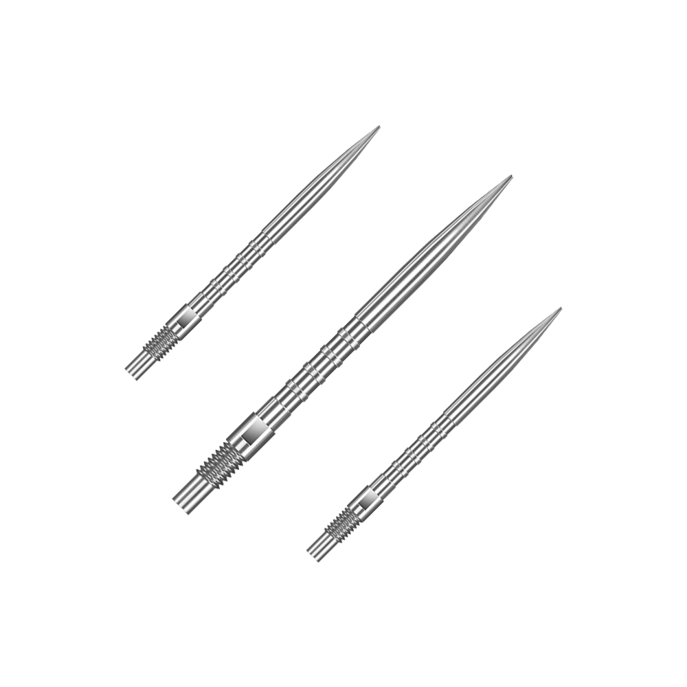 Harrows Quick Point Heavy Metal Dartspitzen - Silber Ein Set von Harrows Quick Point Heavy Metal Grip Dartspitzen in Silber und 30mm Länge ist zu sehen. Die Dartspitzen sind ordentlich nebeneinander angeordnet.
