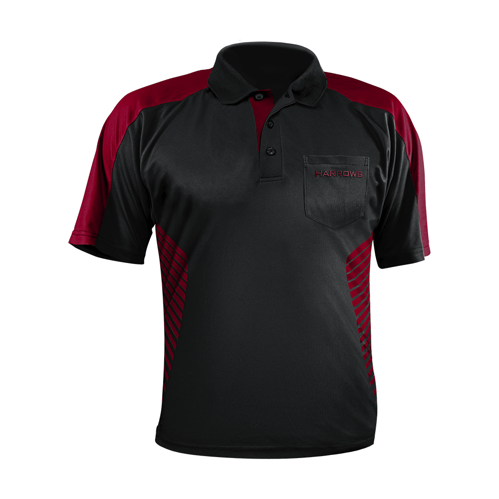 17737-Harrows-Vivid-Dartshirt-Black-DeepRed-1 Das Bild zeigt ein schwarzes Dartshirt mit dunkelroten Akzenten. Auf der linken Brusttasche steht der Schriftzug "HARROWS".