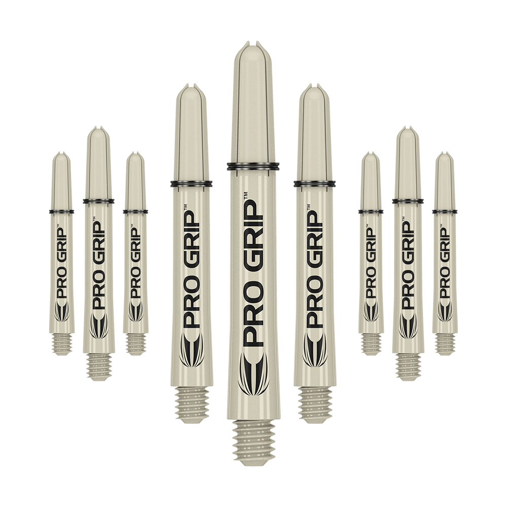 Auf dem Bild sind neun beige Dartschäfte mit der Aufschrift "PRO GRIP" zu sehen. Sie sind in einer Reihe angeordnet und haben ein Schraubgewinde am unteren Ende.