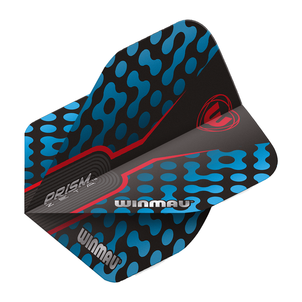 6915-307_Winmau_Prism_Zeta_BlueRed_Standard_Flights_2 Das Bild zeigt das Produkt "Winmau Prism Zeta BlueRed Standard Flights". Die Dart-Flights sind schwarz mit blauen Punkten und roten Akzenten gestaltet.
