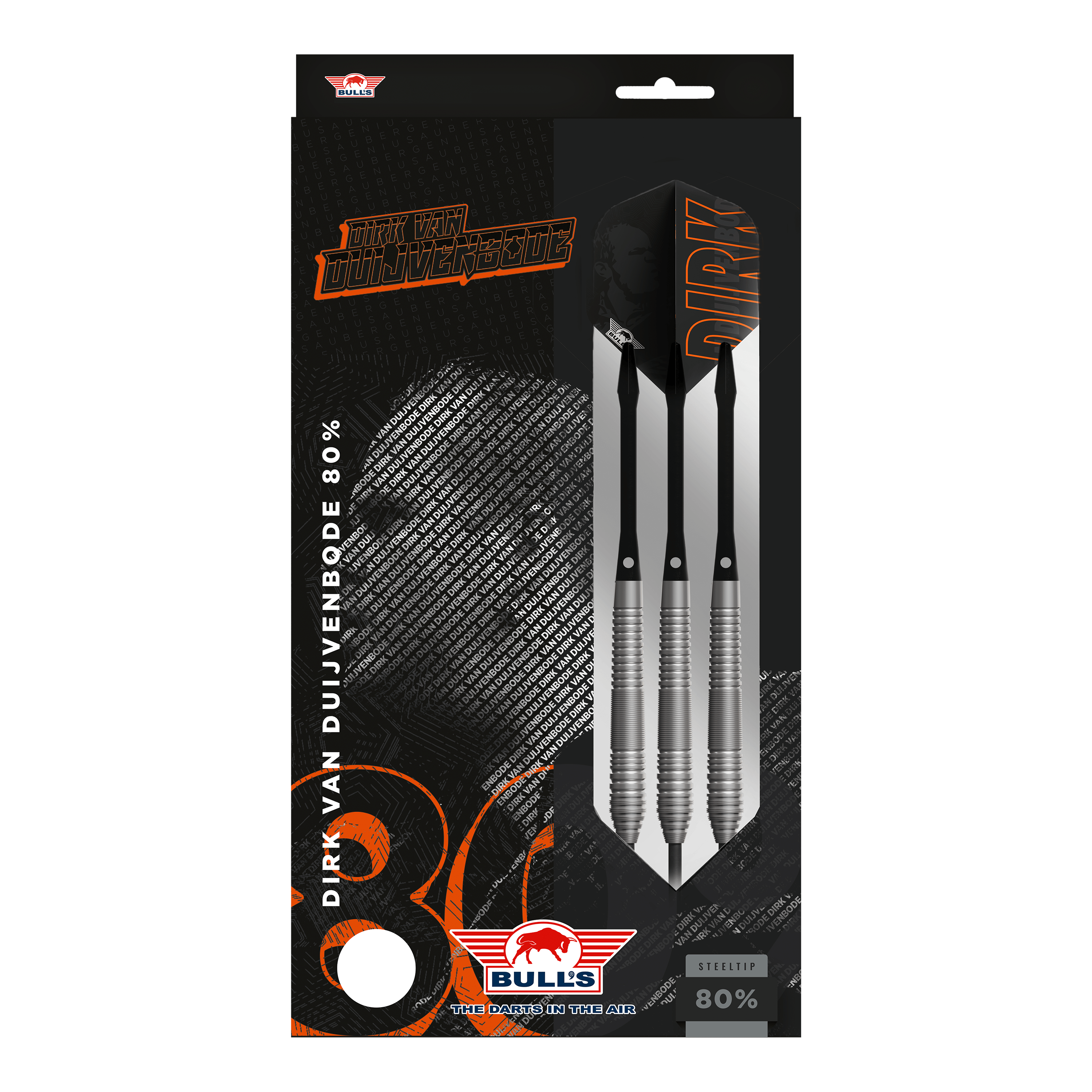 Bulls NL Dirk Van Duijvenbode 80 Steeldarts Auf dem Bild ist eine Verpackung der "Bulls NL Dirk Van Duijvenbode 80 Steeldarts" zu sehen. Die Packung zeigt drei silberne Steeldarts und enthält den Namen des Spielers sowie das Bulls-Logo.