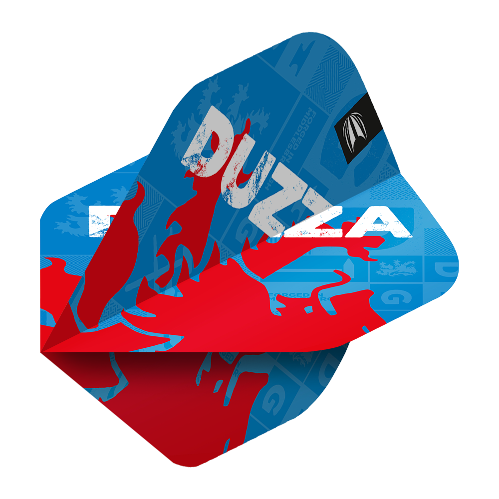 TG7_335730_Target_ProUltra_Glen_Durrant_No2_Standard_Flights_2 Das Bild zeigt die Target ProUltra Glen Durrant No2 Standard Flights. Die Flights sind überwiegend blau mit roten und weißen Akzenten sowie dem Schriftzug "DUZZA".