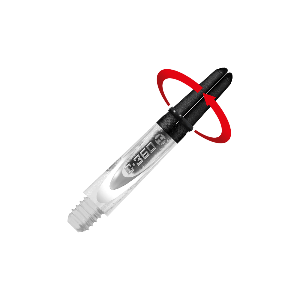 Das Bild zeigt das Produkt „Harrows Carbon 360 Shafts – Clear“. Es handelt sich um einen transparenten Dartshaft mit einem drehbaren oberen Teil, der durch einen roten Pfeil angezeigt wird.