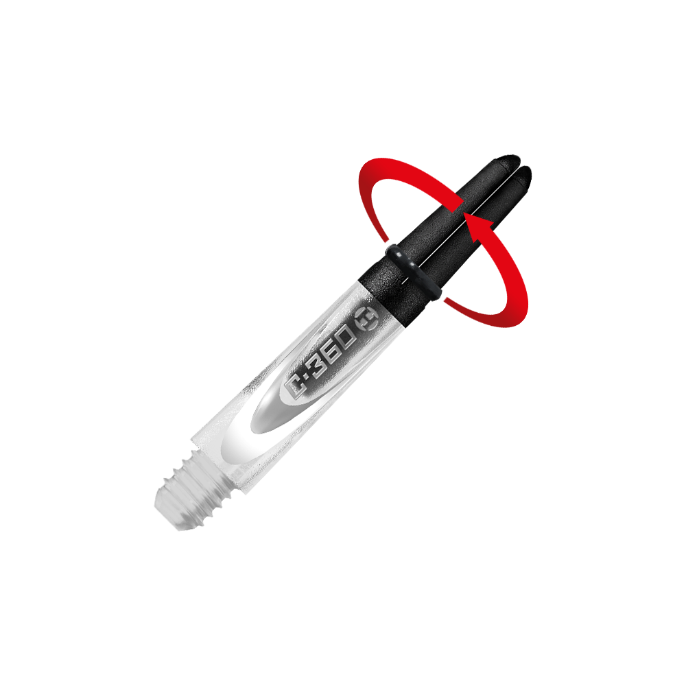 HR446_Harrows_Carbon_360_Shafts_Clear_35mm_2_Symbol Das Bild zeigt das Produkt „Harrows Carbon 360 Shafts – Clear“. Es handelt sich um einen transparenten Dartshaft mit einem drehbaren oberen Teil, der durch einen roten Pfeil angezeigt wird.
