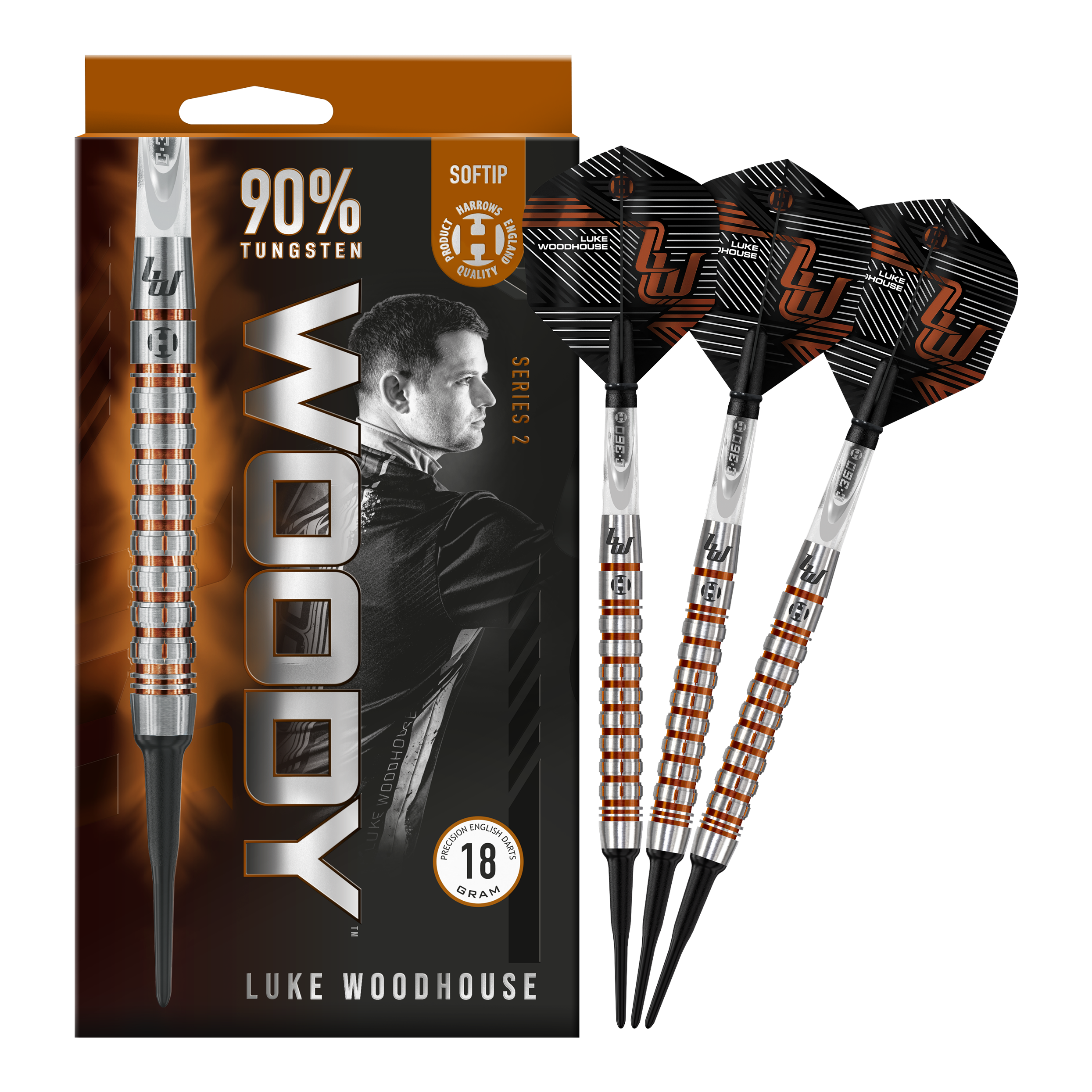 Harrows Luke Woodhouse Series 2 Softdarts - 18g Das Bild zeigt die Harrows Luke Woodhouse Series 2 Softdarts mit einem Gewicht von 18 Gramm. Die Verpackung hebt hervor, dass die Darts zu 90 % aus Tungsten bestehen und für Softtip-Spiele geeignet sind.