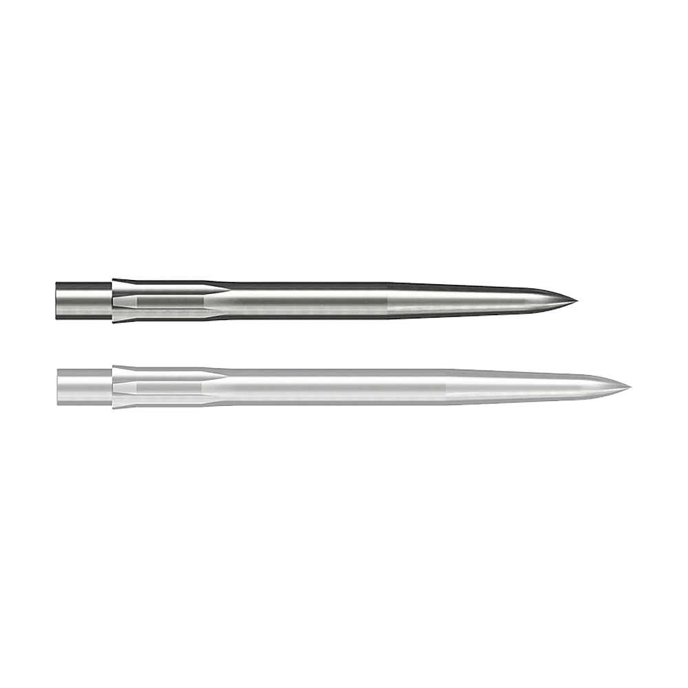 Caliburn System Steeldartspitzen - Smooth - Silber Auf dem Bild sind zwei silberne, glatte Stahlspitzen für Darts zu sehen. Sie sind länglich geformt und haben eine spitze Vorderseite.
