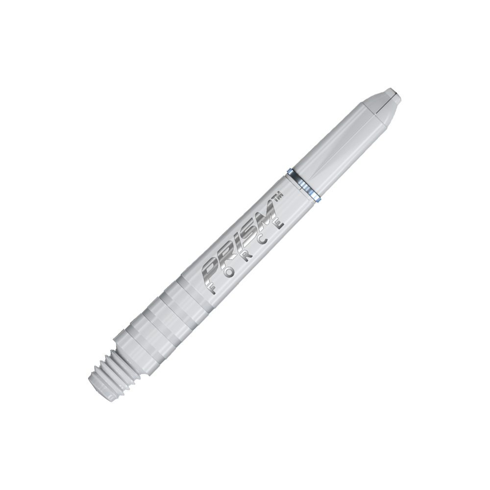 7020-102_Winmau_Prism_Force_Shafts_Weiss_35mm_2 Auf dem Bild ist ein weißer Dartshaft mit der Aufschrift "PRISM FORCE" zu sehen. Der Schaft hat ein modernes, glattes Design und misst 35 mm.