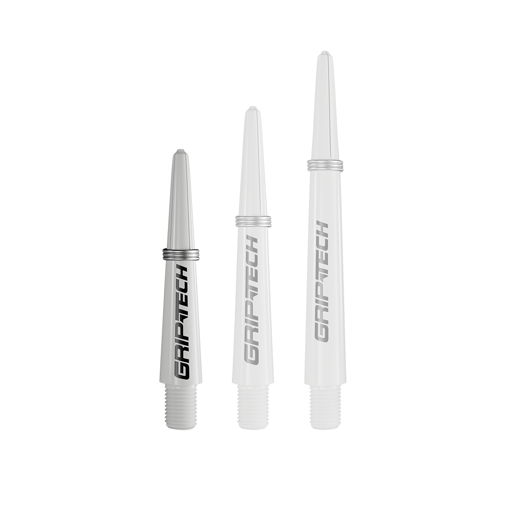GOAT Griptech Shafts - Weiß Das Bild zeigt drei silberne Dartschäfte in verschiedenen Längen. Auf jedem Schaft steht das Wort "GRIPTECH".