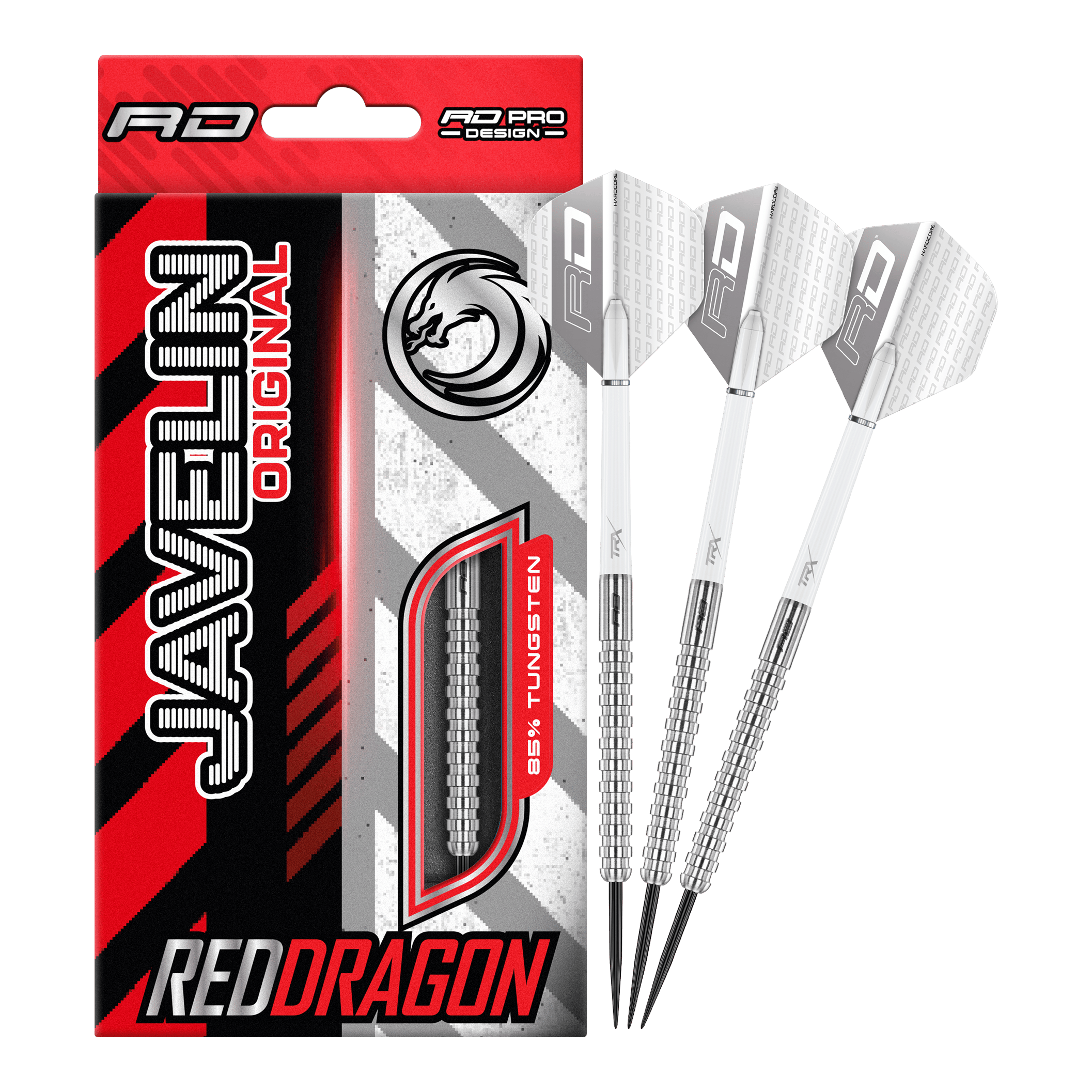 Red Dragon Javelin Steeldarts Das Bild zeigt die Red Dragon Javelin Steeldarts in voller Ansicht. Sie sind speziell für das professionelle Darten entwickelt.