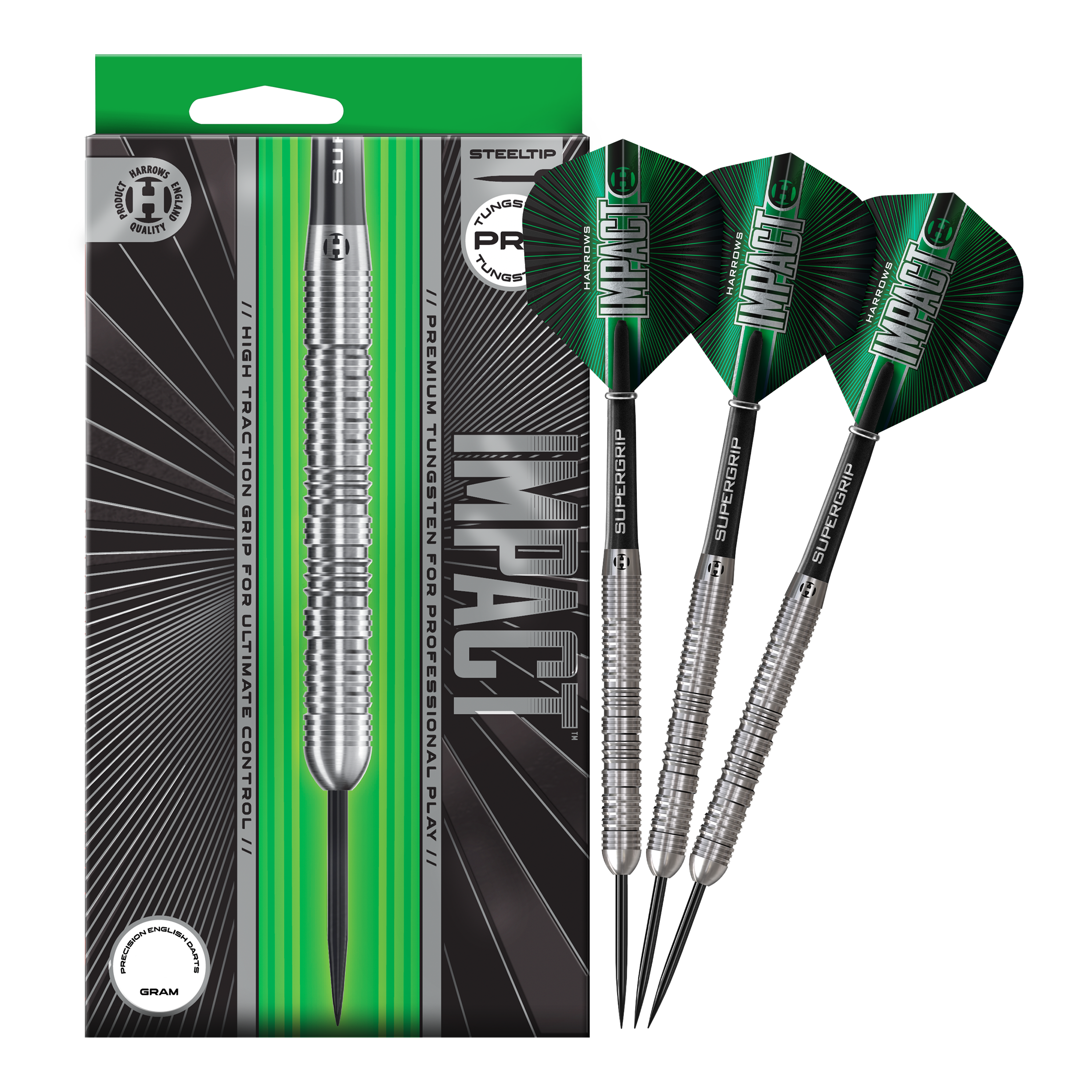 Harrows Impact Steeldarts Das Foto zeigt die vollständigen Harrows Impact Steeldarts. Die Darts sind fertig zusammengestellt für den Gebrauch.