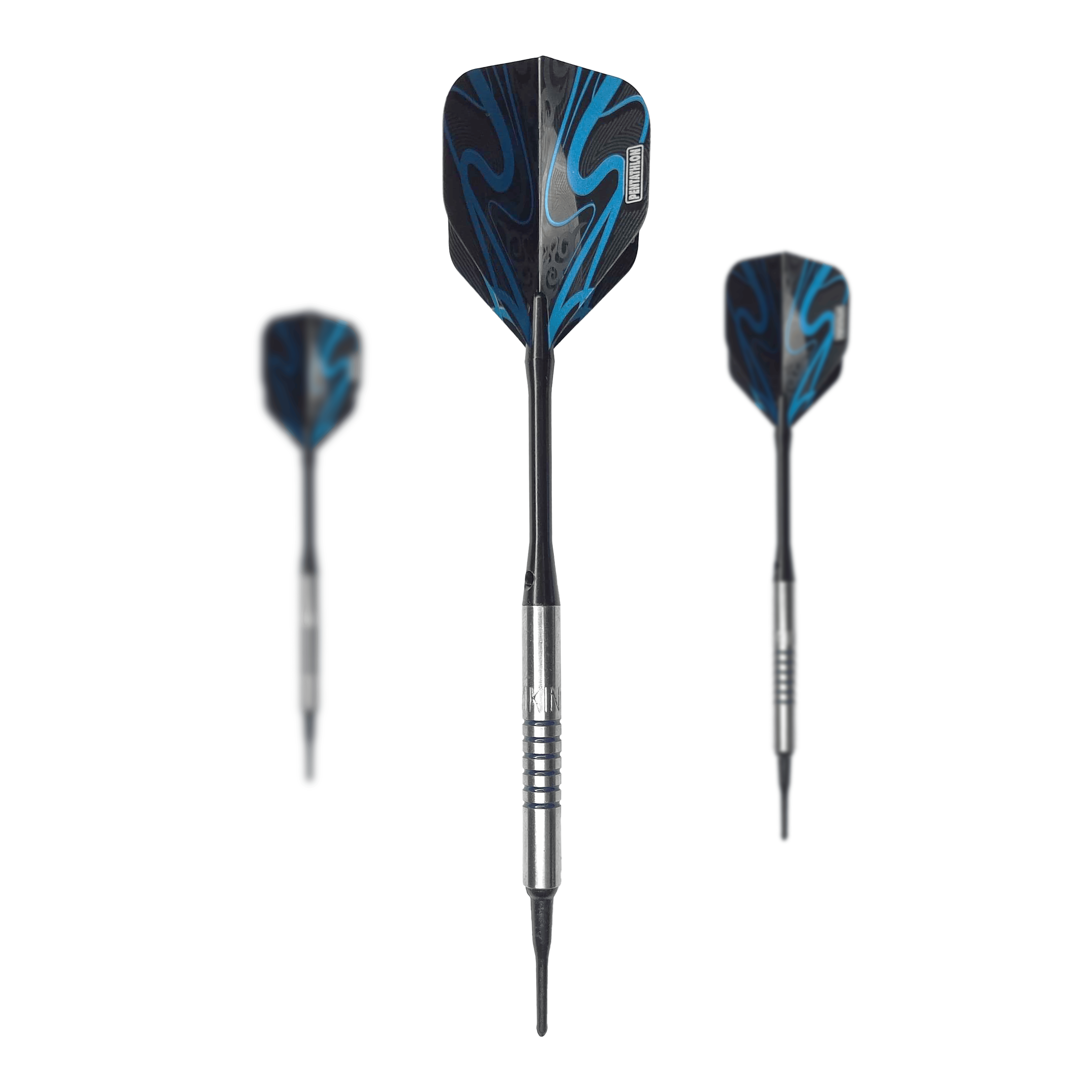 McDart 85er Tungsten V19 Softdarts - 16,5g Auf dem Bild sind drei Softdarts des Modells "McDart 85er Tungsten V19" mit einem Gewicht von 16,5g zu sehen. Die Darts haben silberne Barrels und schwarze Flights mit blauen Verzierungen.