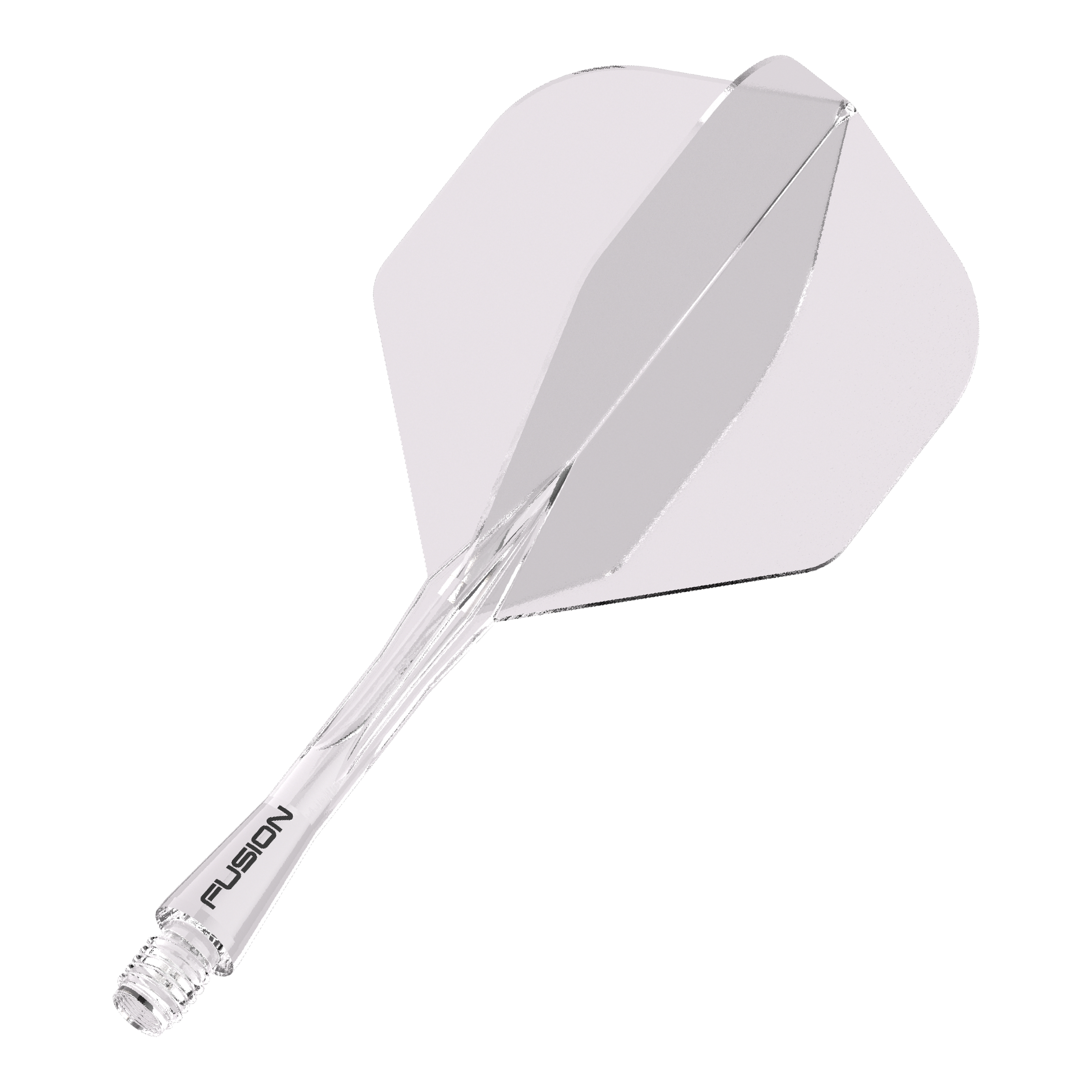 Winmau Fusion Flight-Shaft-System Standard Clear Das Bild zeigt ein durchsichtiges Dartshaft-System mit einem klaren Flight. Auf dem Schaft steht das Wort "FUSION" geschrieben.