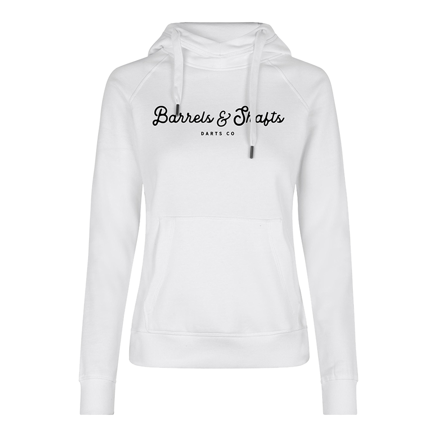 Barrels and Shafts Damen Hoodie - Weiß Dies ist ein weißer Damen-Hoodie mit Kapuze und Kängurutasche. Auf der Vorderseite steht der Text "Barrels & Shafts Darts Co".