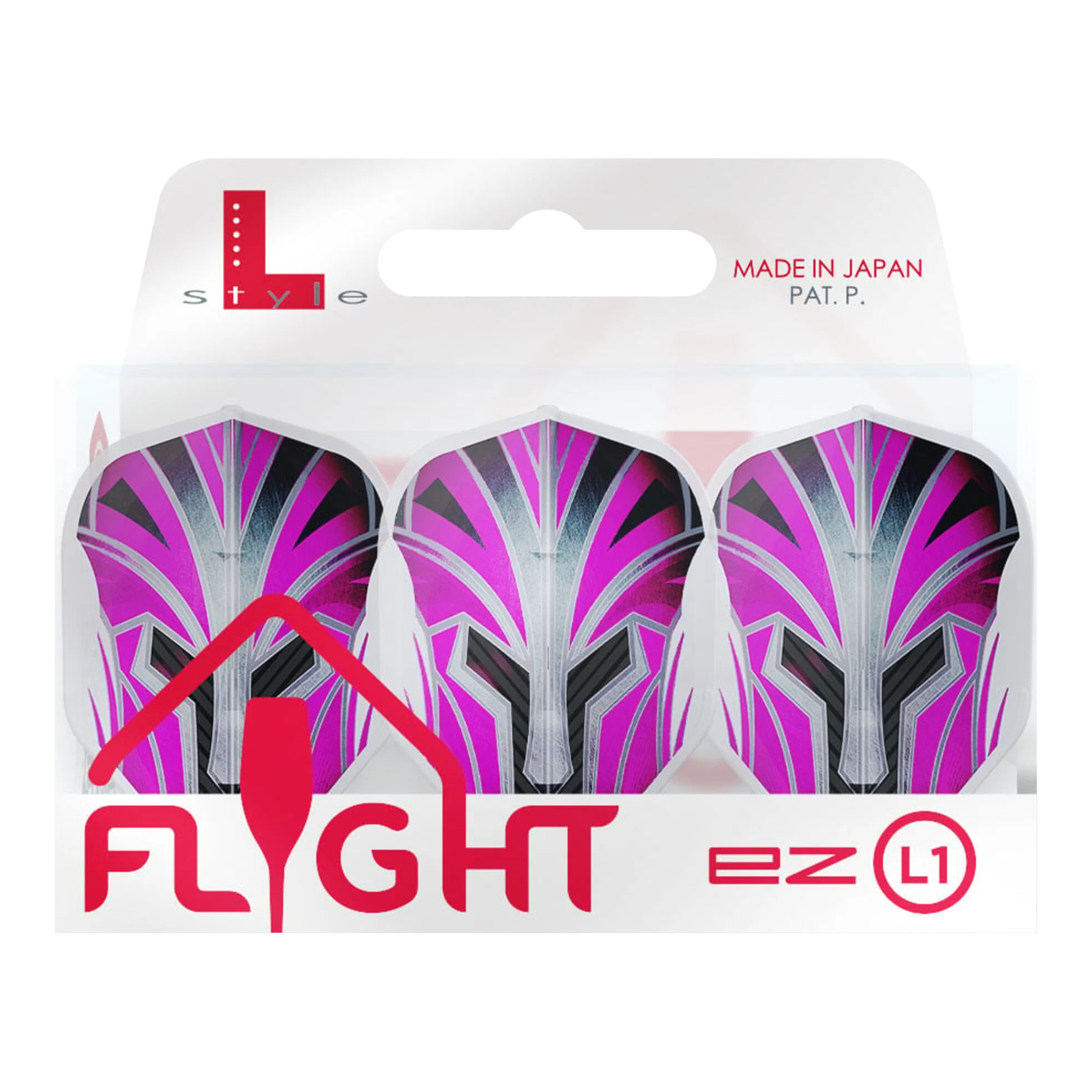 L-Style Prime Series L1EZ Flights Das Bild zeigt eine Verpackung mit drei pinkfarbenen Dart-Flights der Marke L-Style. Auf der Verpackung steht „FLIGHT EZ L1“ und „Made in Japan“.