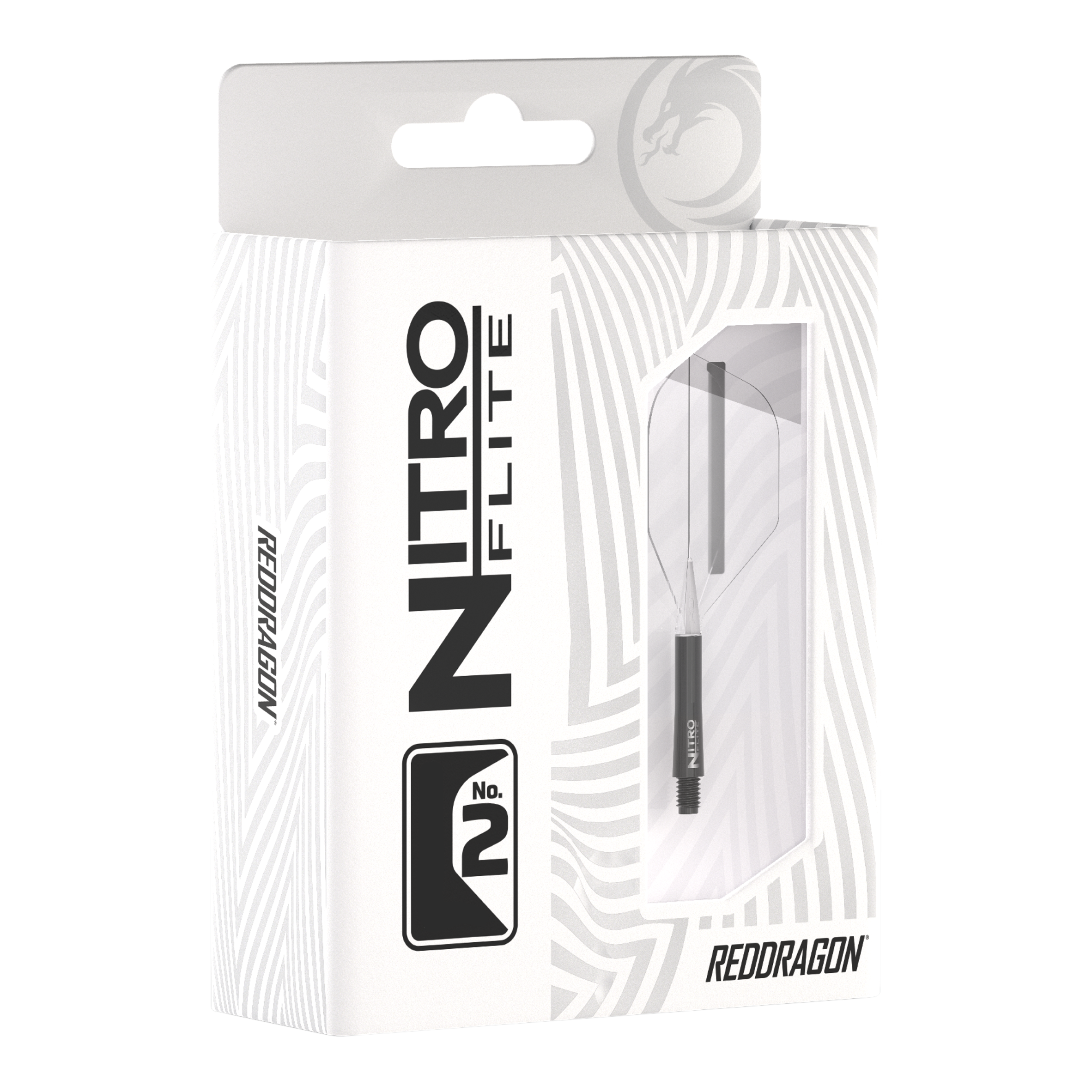 Red Dragon Nitroflite - Black Shaft Clear No2 Flights Die Abbildung zeigt die Verpackung des Produkts „Red Dragon Nitroflite - Black Shaft Clear No2 Flights“. Die Verpackung ist überwiegend weiß mit schwarzen Aufdrucken und einer Sichtöffnung, durch die das Produkt zu sehen ist.