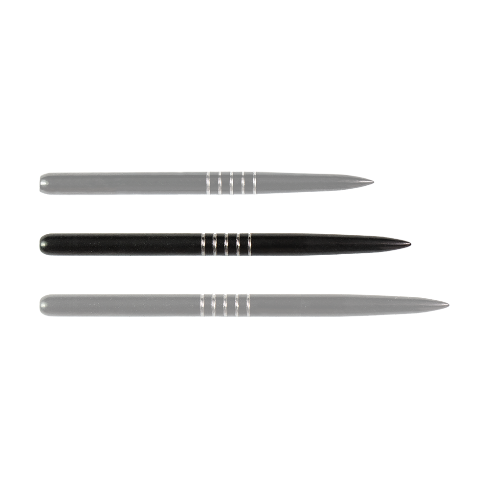 57747_Bulls_GP2_Steeldartspitzen_Schwarz_38mm_12bYZG0bNwOZWb Das Bild zeigt drei schwarze Steeldartspitzen der Marke Bulls GP2. Sie sind schlank, metallisch und haben jeweils vier silberne Rillen in der Mitte.