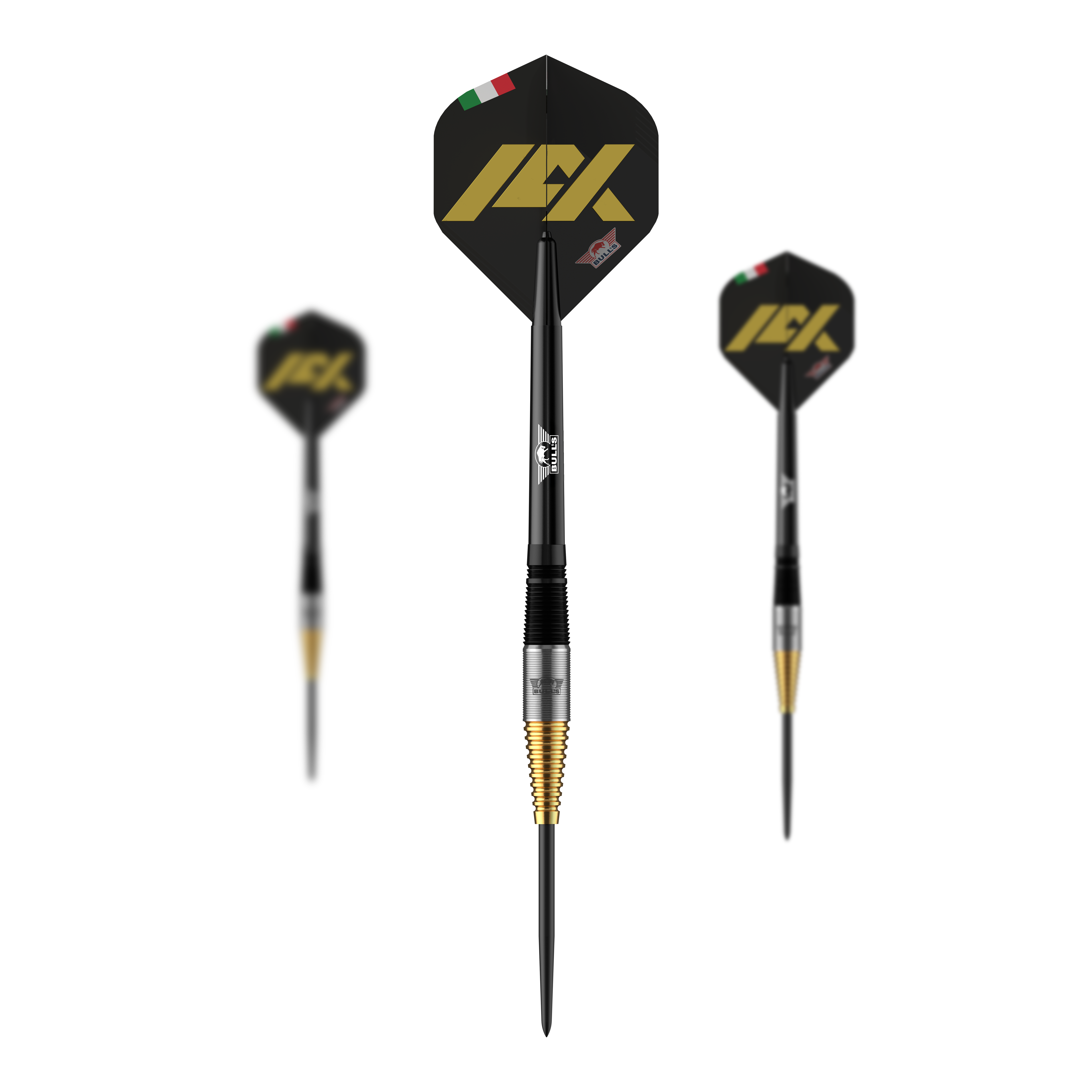 Das Bild zeigt drei Steeldarts des Modells "Bulls NL Massimo Dalla Rosa" mit einem Gewicht von 20g. Die Darts haben schwarze Flights mit goldener Aufschrift und einer kleinen italienischen Flagge.