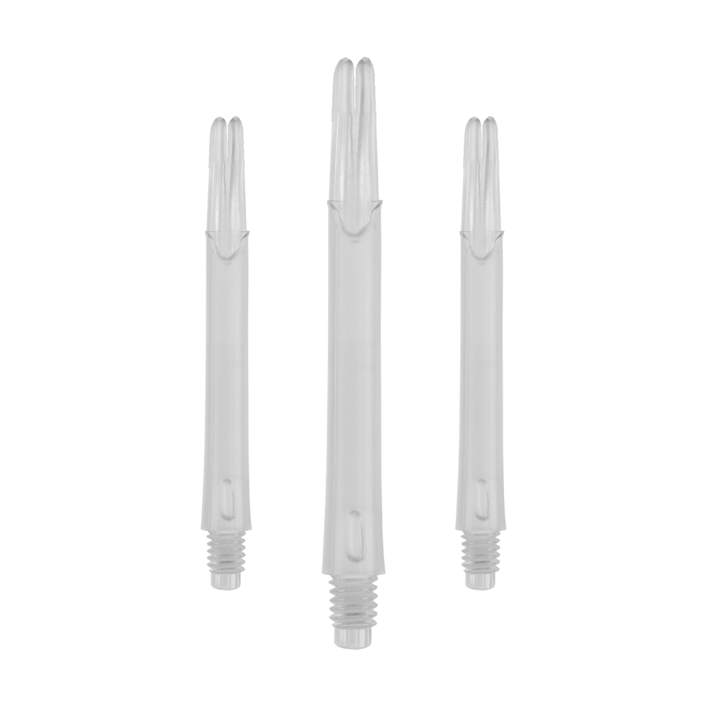 L-Style L-Shafts Locked Straight - Clear 330 Auf dem Bild sind drei transparente, gerade Dartschäfte zu sehen. Sie stehen aufrecht nebeneinander und haben unten ein Schraubgewinde.
