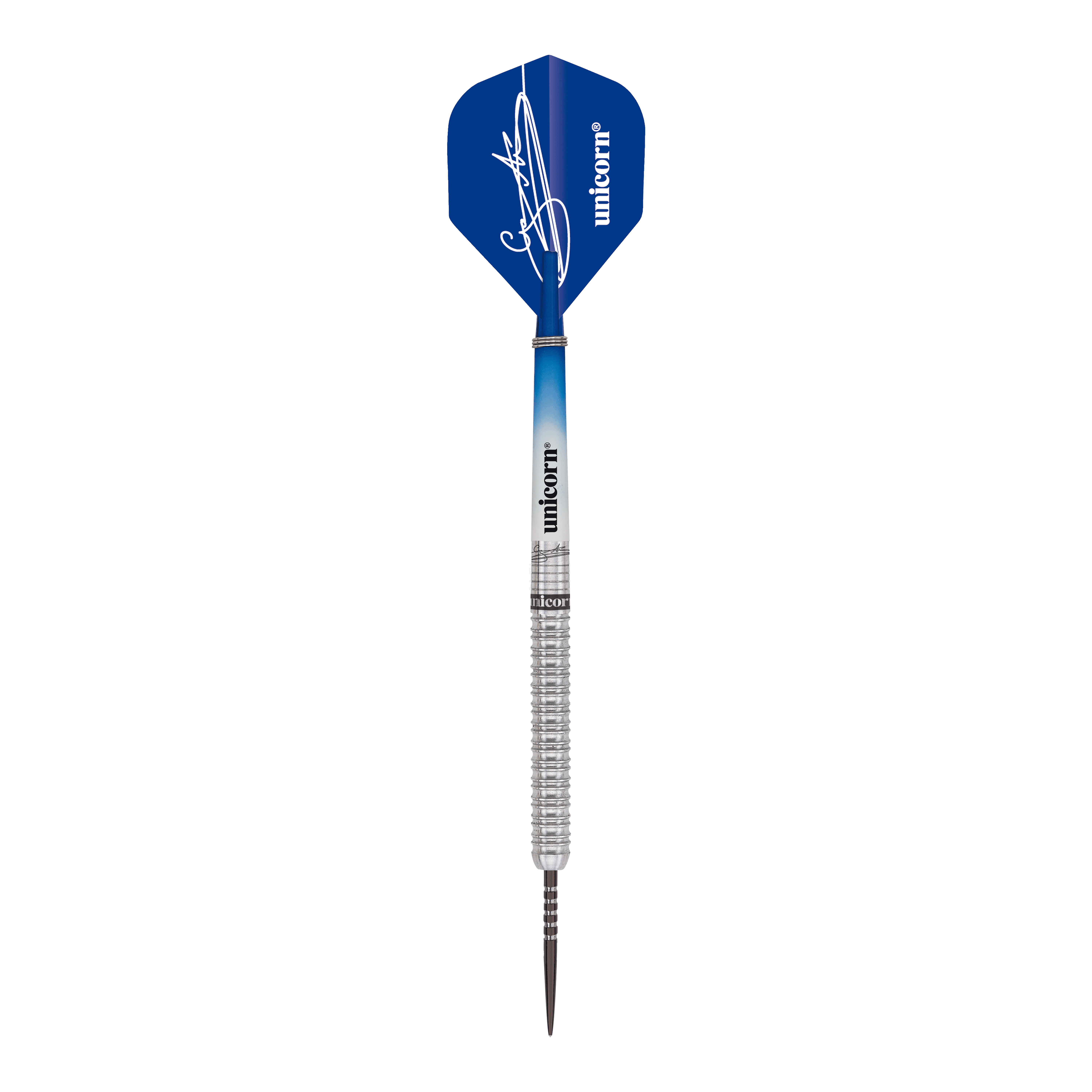 Das Bild zeigt einen Unicorn Gary Anderson 10 Year Commemoration Limited Edition Steeldart mit 23g. Der Dart hat eine blaue Flight mit Unterschrift und einen silbernen, geriffelten Schaft.