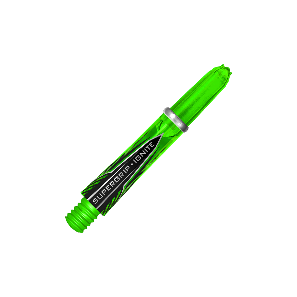 HR389_Harrows_Supergrip_Ignite_Shafts_Gr-n_33mm_2 Das Bild zeigt einen grünen Harrows Supergrip Ignite Shaft für Darts. Auf dem Schaft steht der Schriftzug "SUPERGRIP IGNITE".