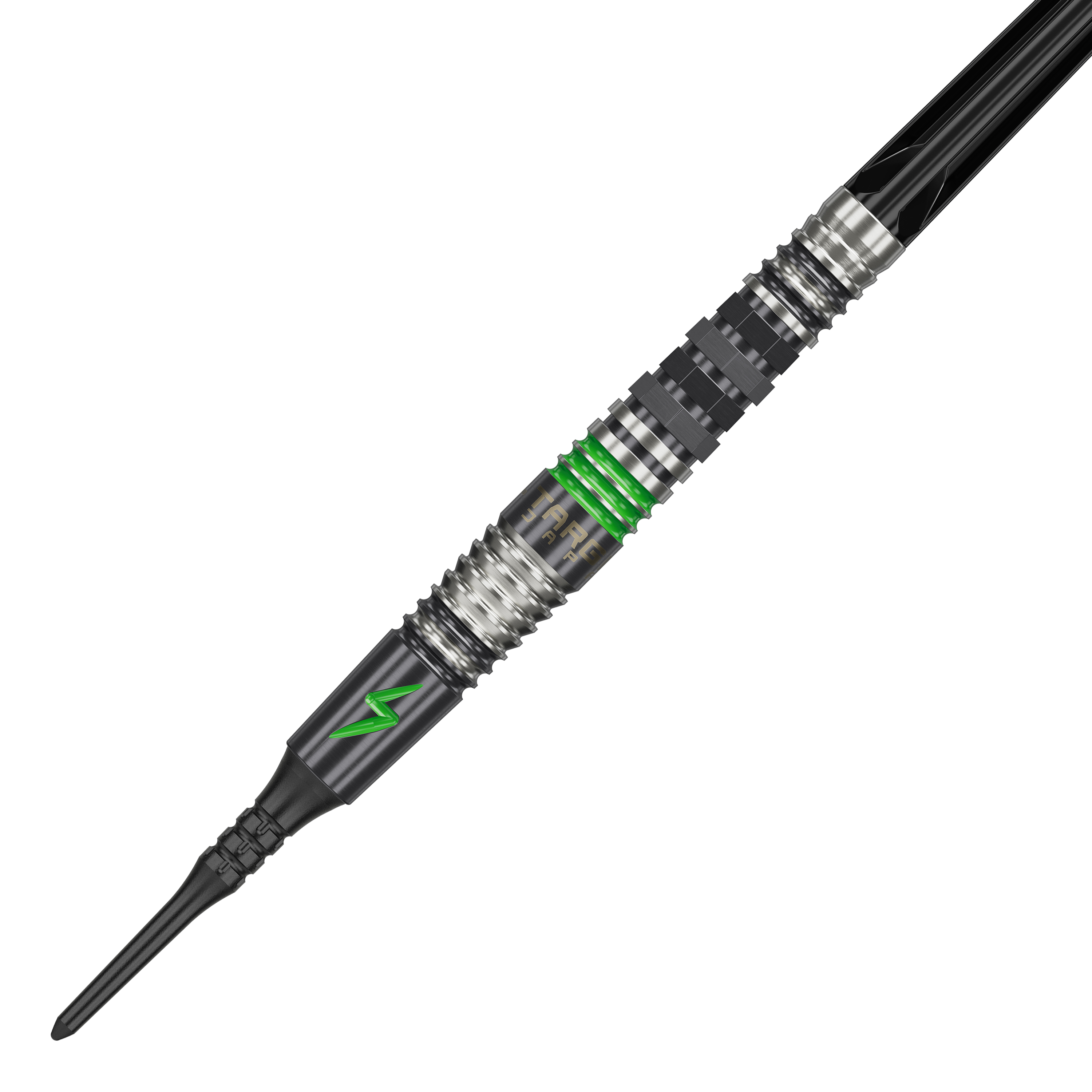 Target Japan Black Marque Lightning 3 Softdarts - 19g Das Bild zeigt einen Softdart namens "Target Japan Black Marque Lightning 3" mit einem Gewicht von 19g. Der Dart ist schwarz-silber mit grünen Akzenten und einem Blitzsymbol verziert.