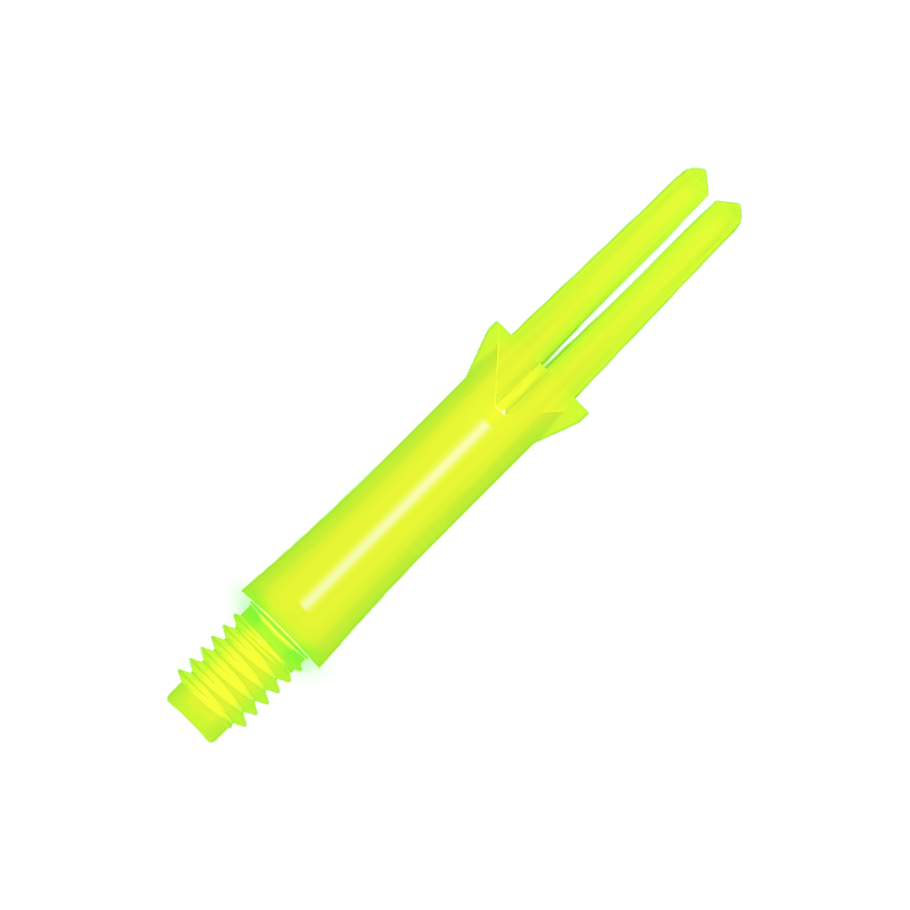 Das Bild zeigt einen neon-gelben, geraden Dart-Schaft mit einem Schraubgewinde. Er ist 32 mm lang und hat eine glänzende Oberfläche.