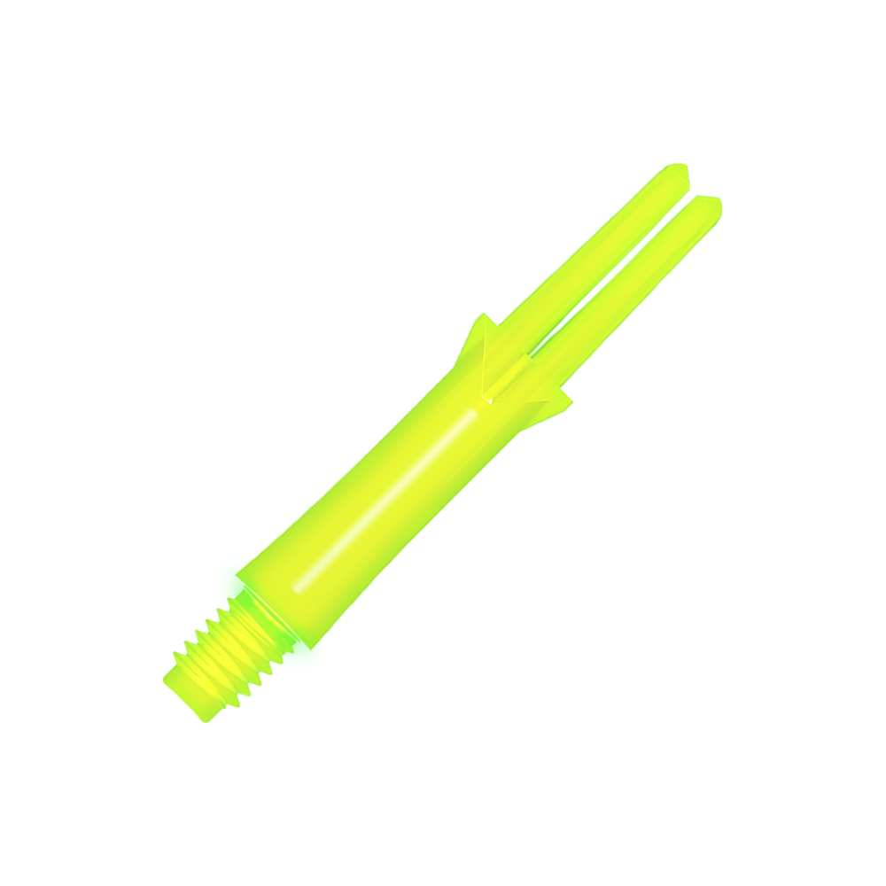 L-Style L-Shafts Locked Straight - Neon Yellow 190 Das Bild zeigt einen neon-gelben, geraden Dart-Schaft mit einem Schraubgewinde. Er ist 32 mm lang und hat eine glänzende Oberfläche.